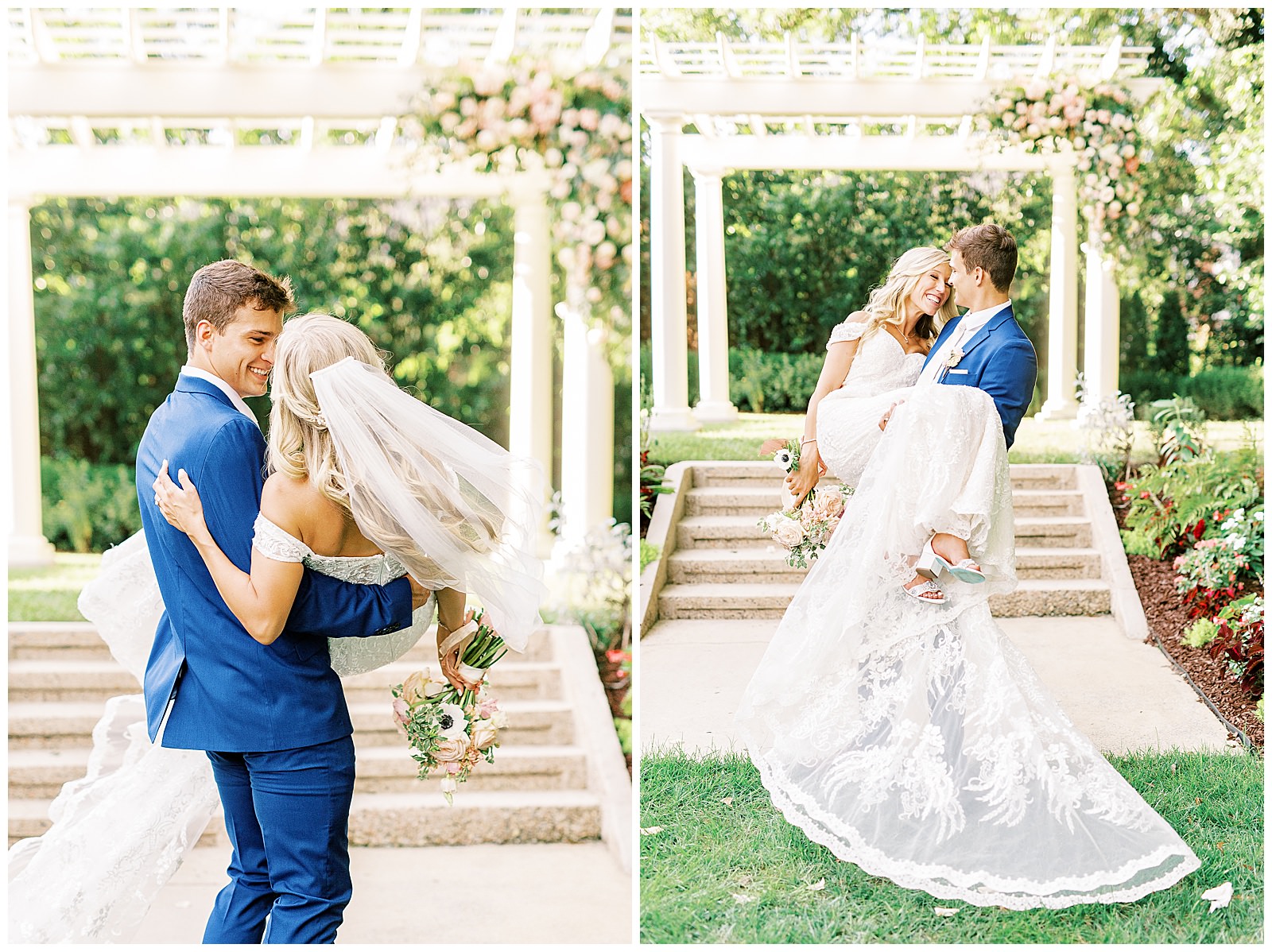 lace dress blond haired bride and dapper navy royal blue groom portraits outdoors under arch at separk mansion summer wedding