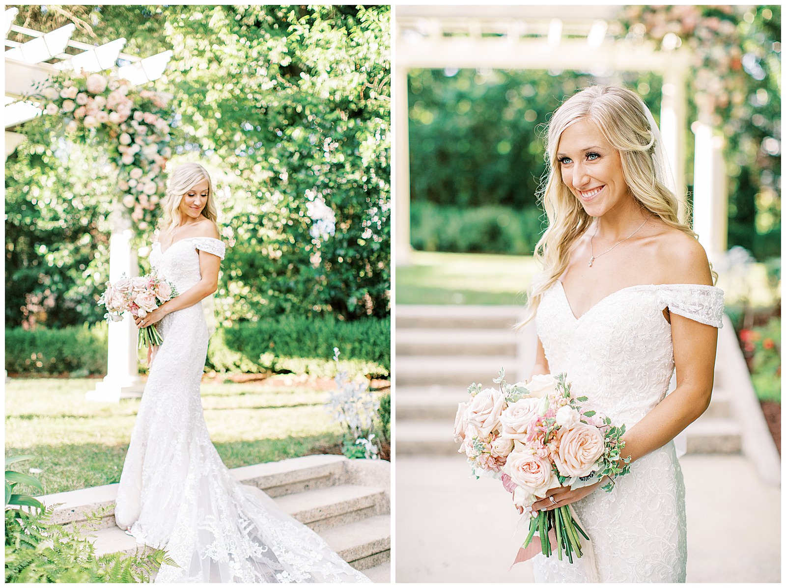 lace dress blond haired bride portraits outdoors under arch at separk mansion summer wedding