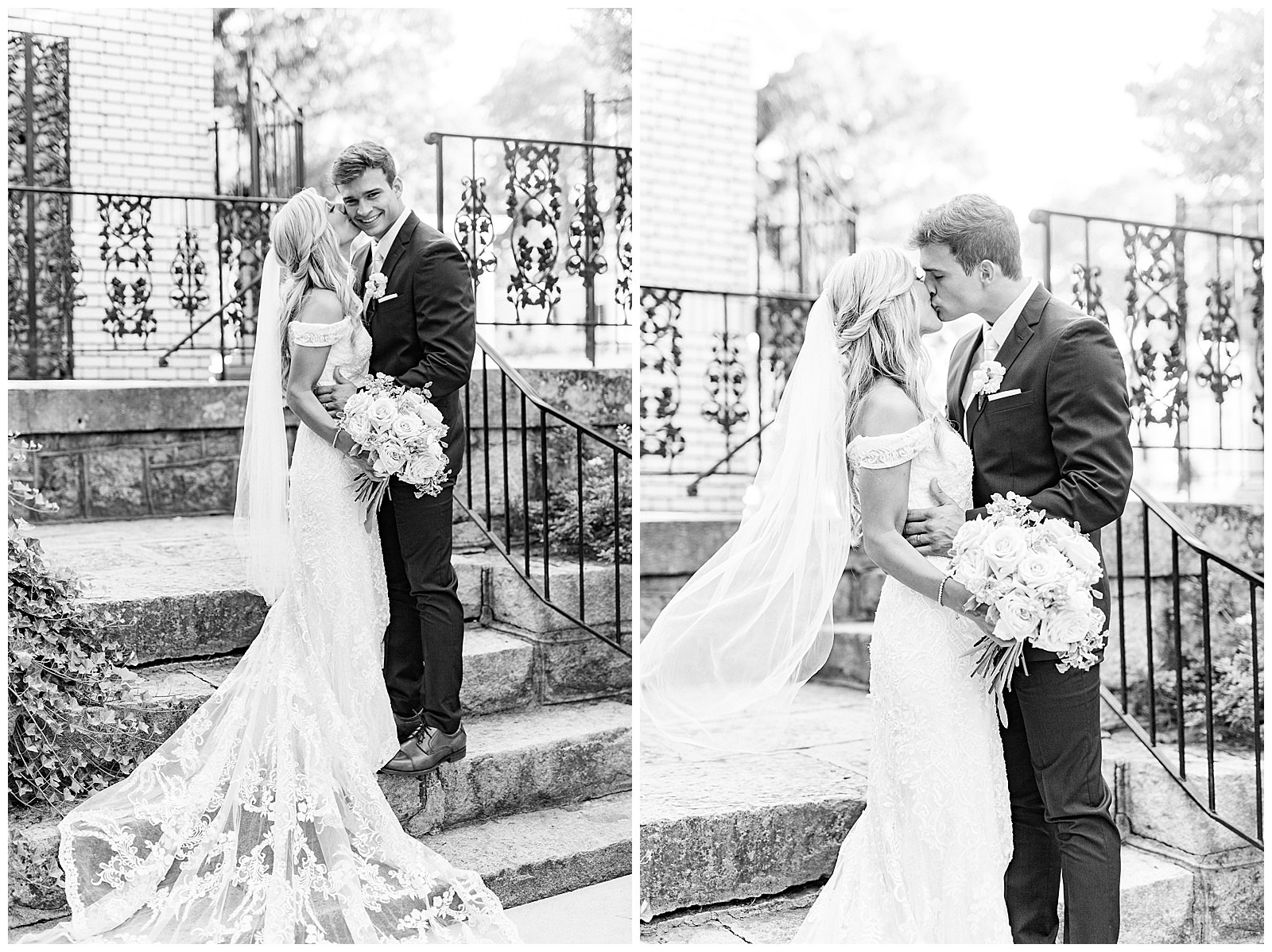 lace dress blond haired bride and dapper navy royal blue groom portraits outdoors under arch at separk mansion summer wedding