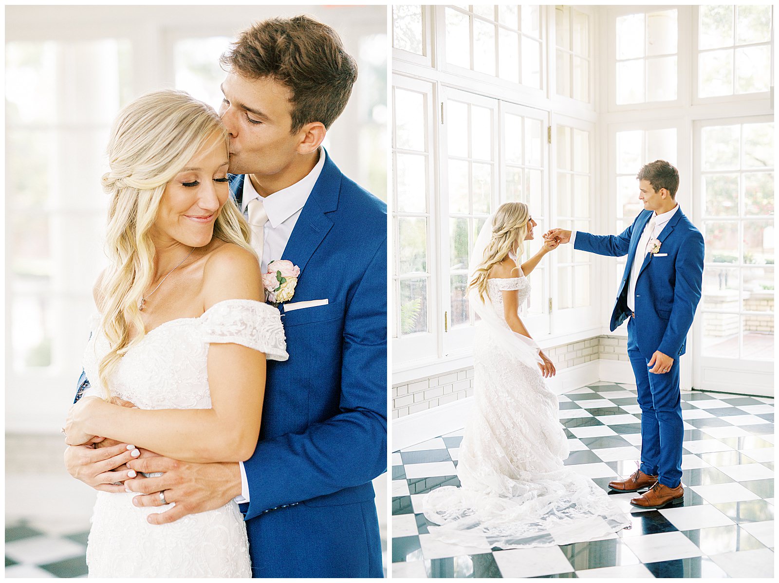 blond haired bride and dapper navy royal blue groom portraits in separk mansion black and white ballroom