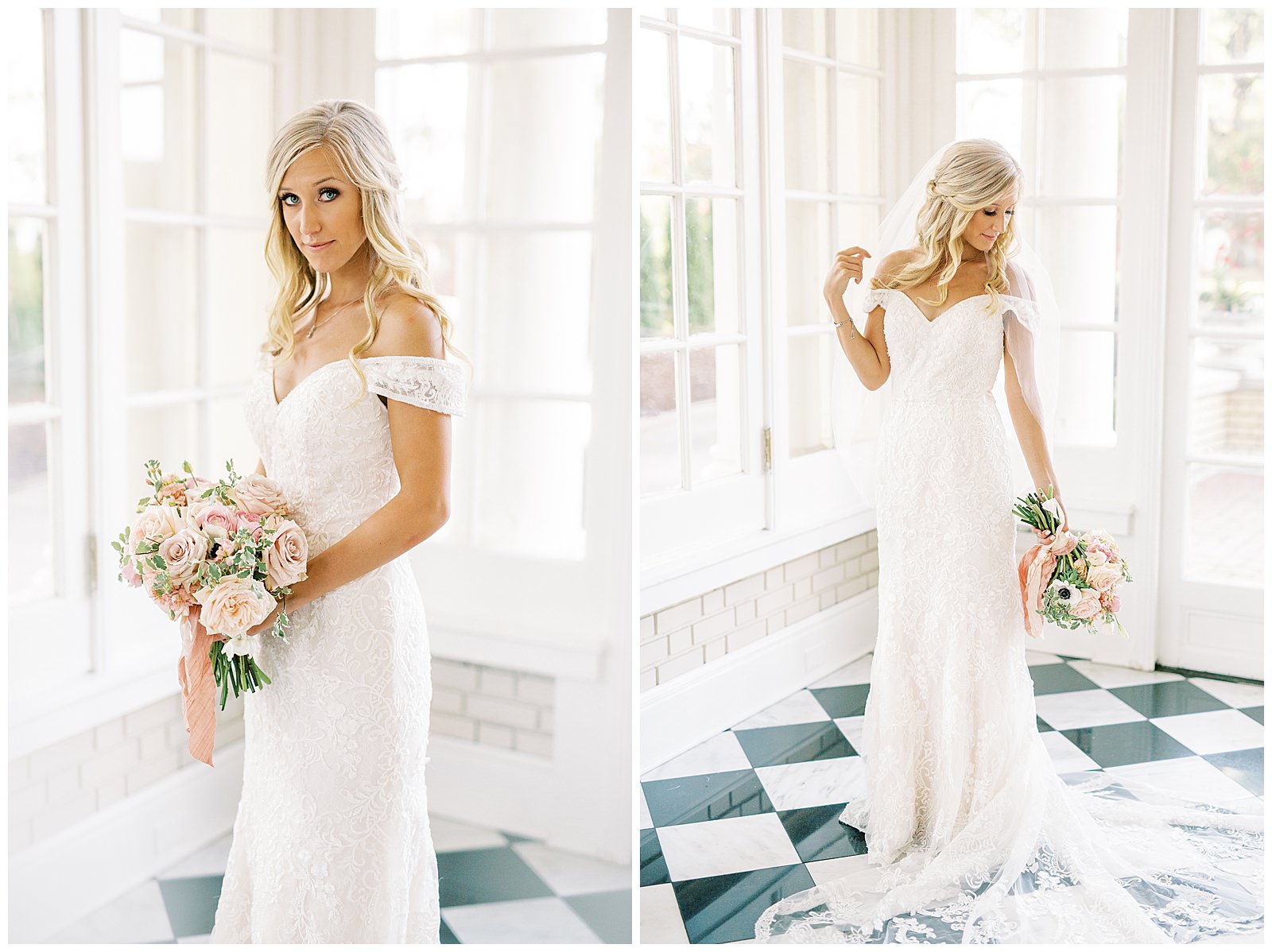 blond haired bride portraits in separk mansion black and white ballroom