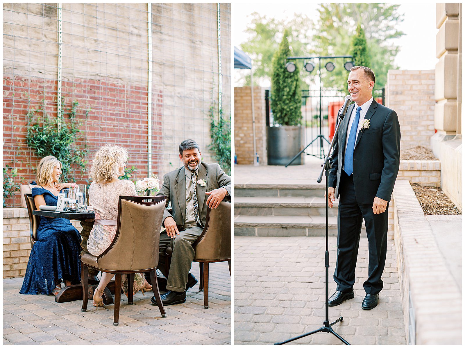father of bride gives toast at esquire hotel outdoor patio wedding reception