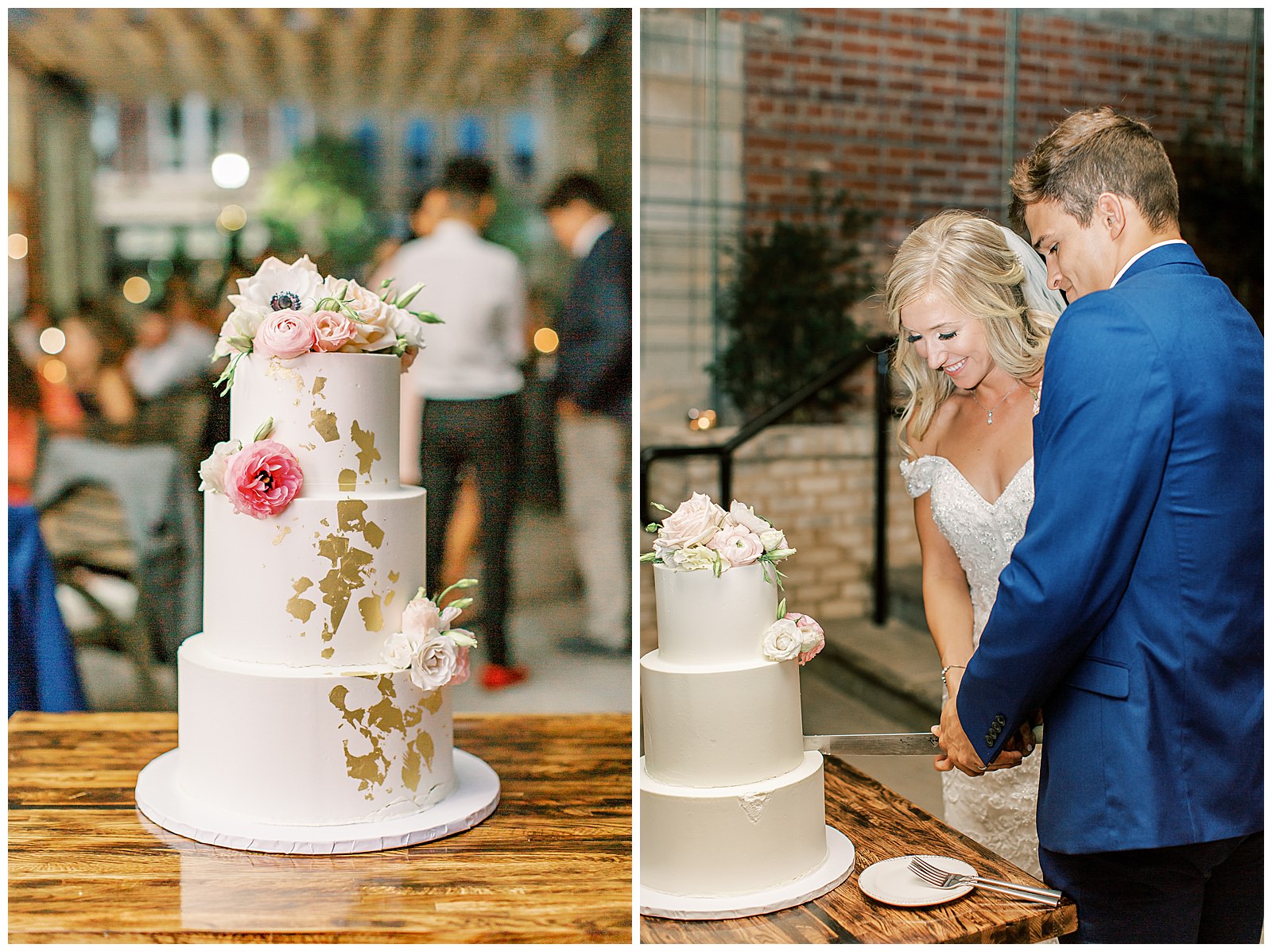 bride and groom cut floral wedding cake esquire hotel outdoor patio wedding reception