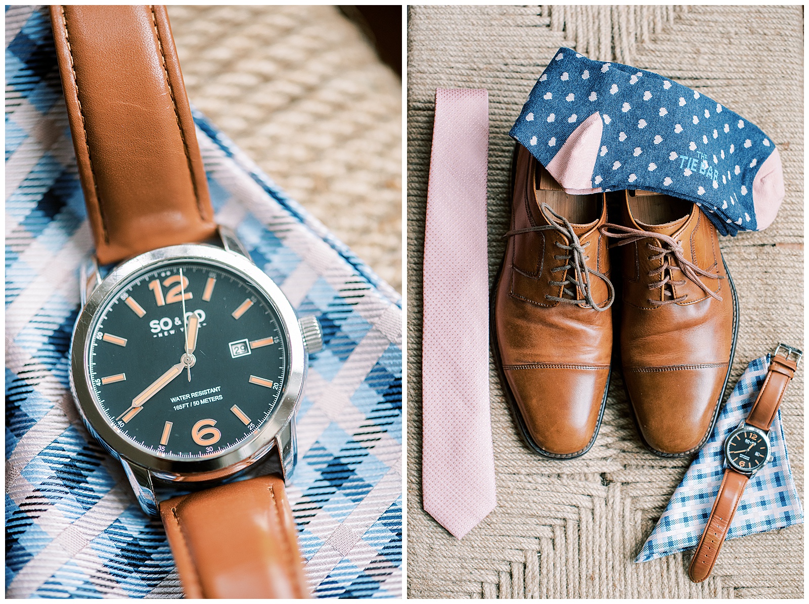groom's leather watch and shoes and pink tie detail shots