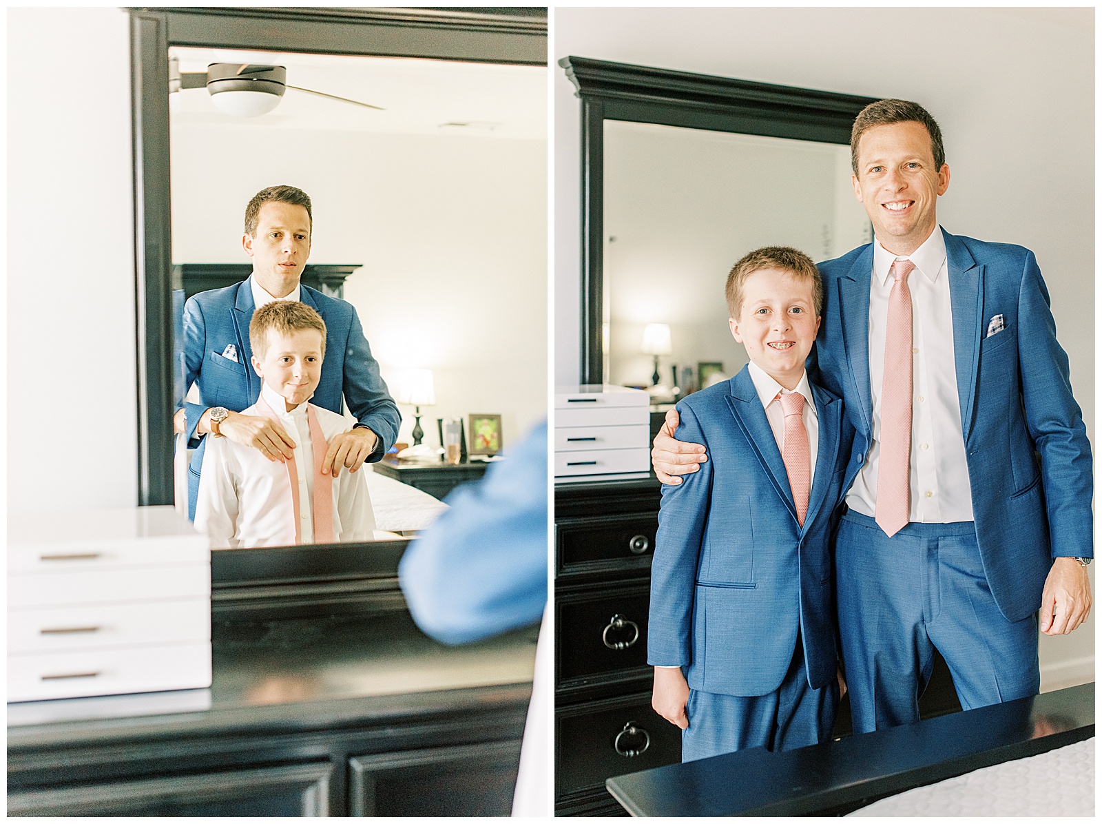groom getting ready with sone and pink tie, navy blue suit