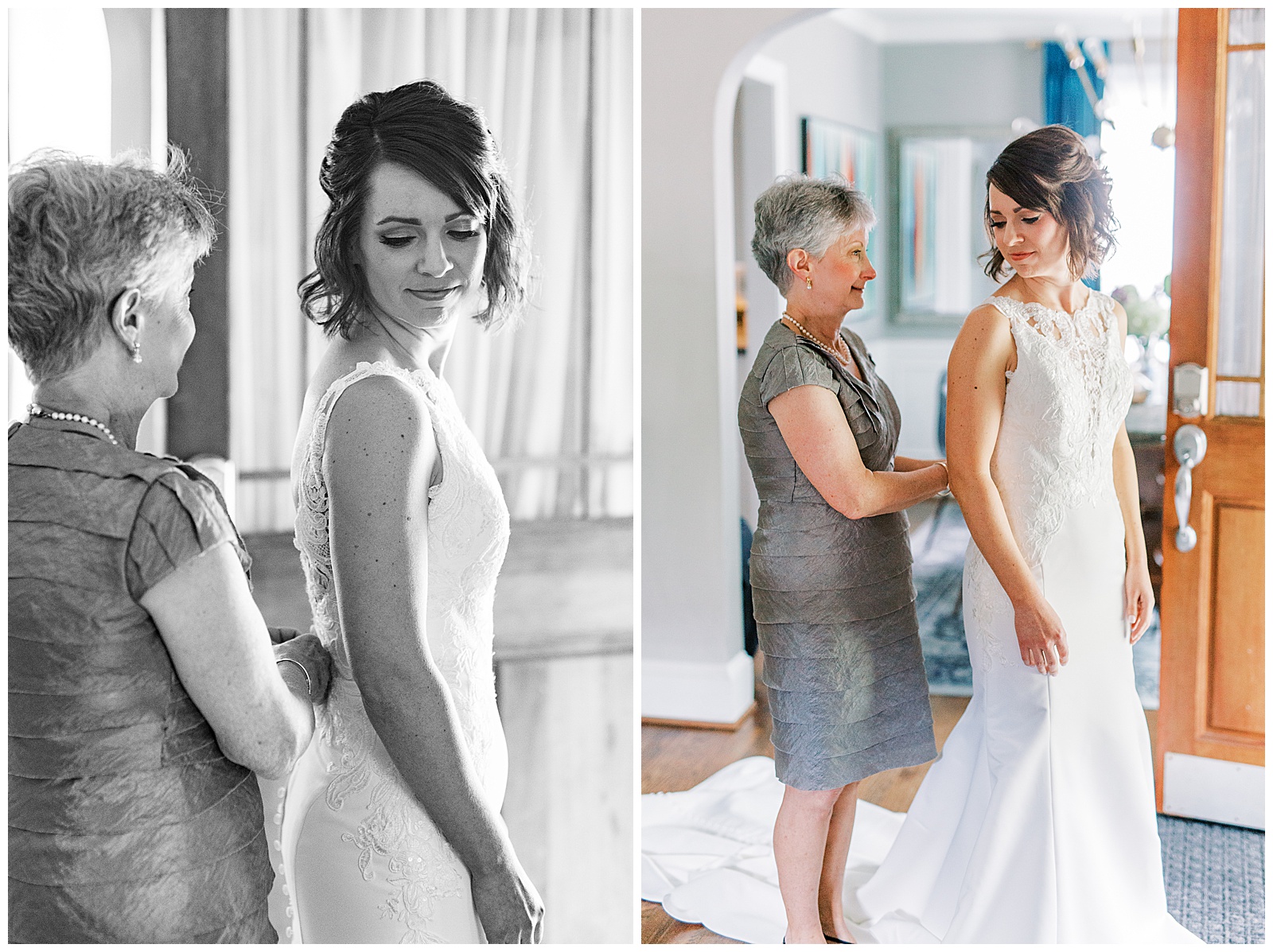 bride getting ready in lace wedding dress - short brown hair