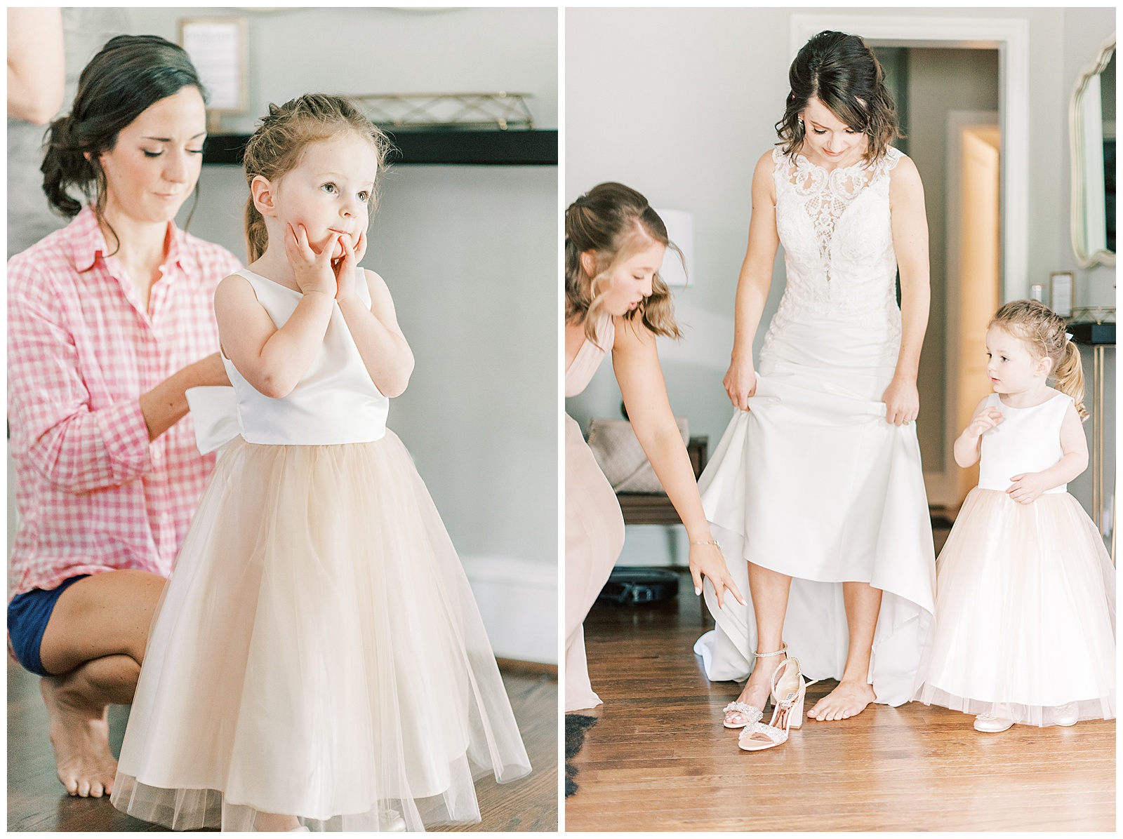 bride getting ready in lace wedding dress with flower girl in pink dress