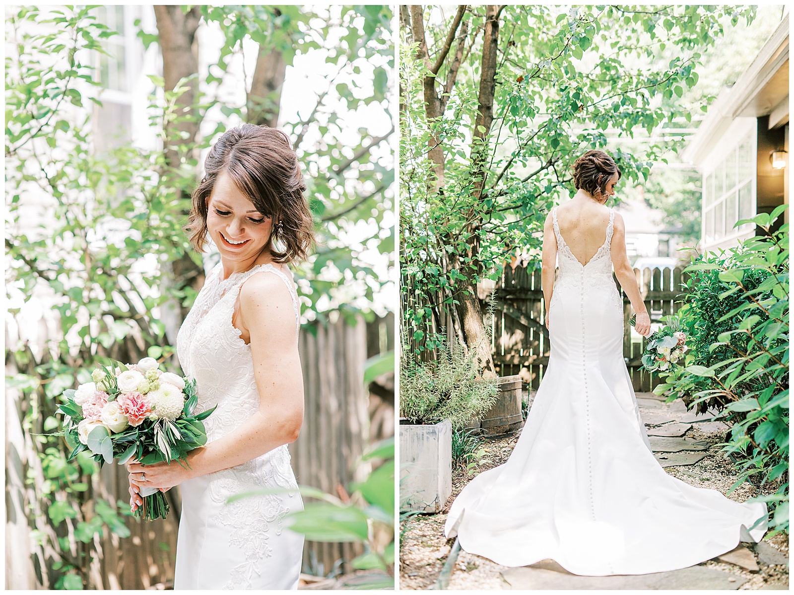 outdoor summer bridal portraits of short brown haired bride in lace dress with long train