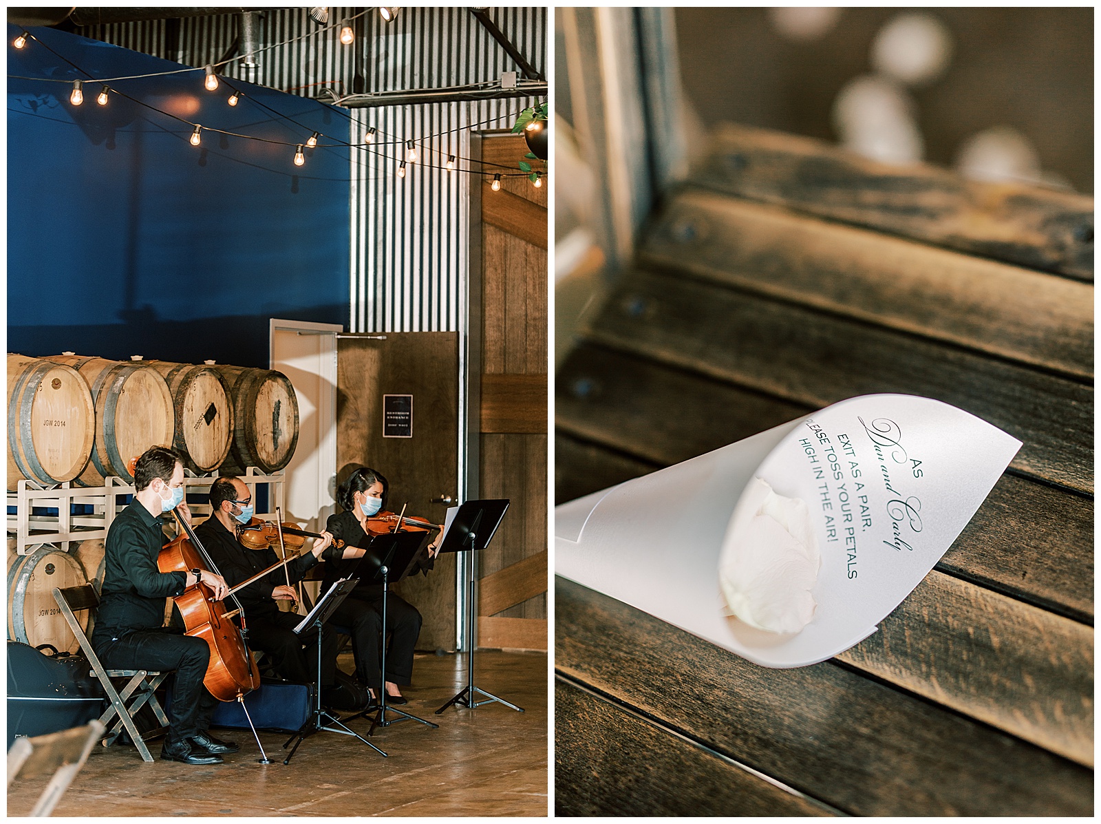 indoor summer wedding wide open airy space detail shots of live classical musicians and flower petals