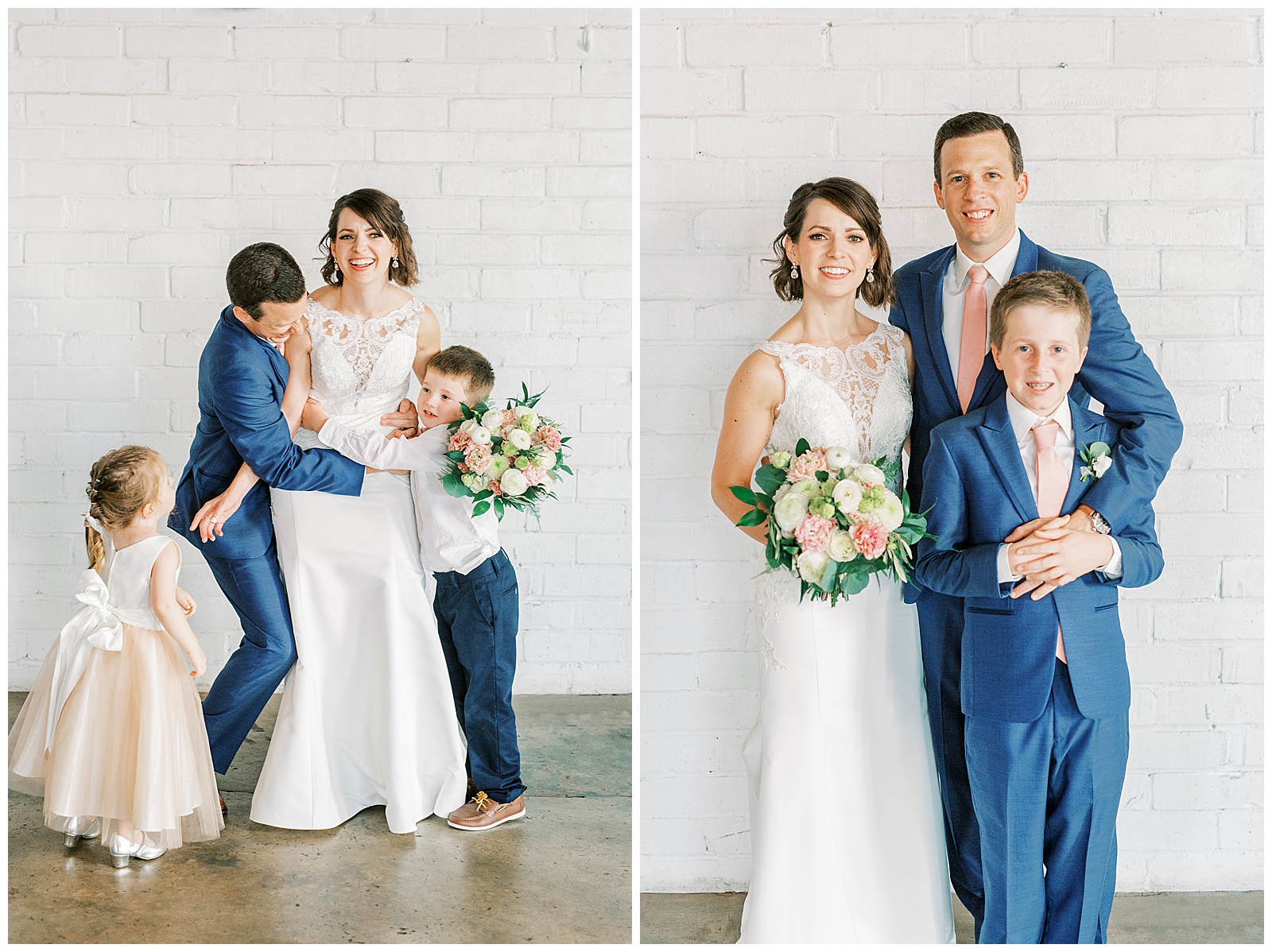 adorable shot with flower girl and ring bearer from indoor summer bride groom portraits of short brown haired bride in lace dress with long train and navy blue suited groom