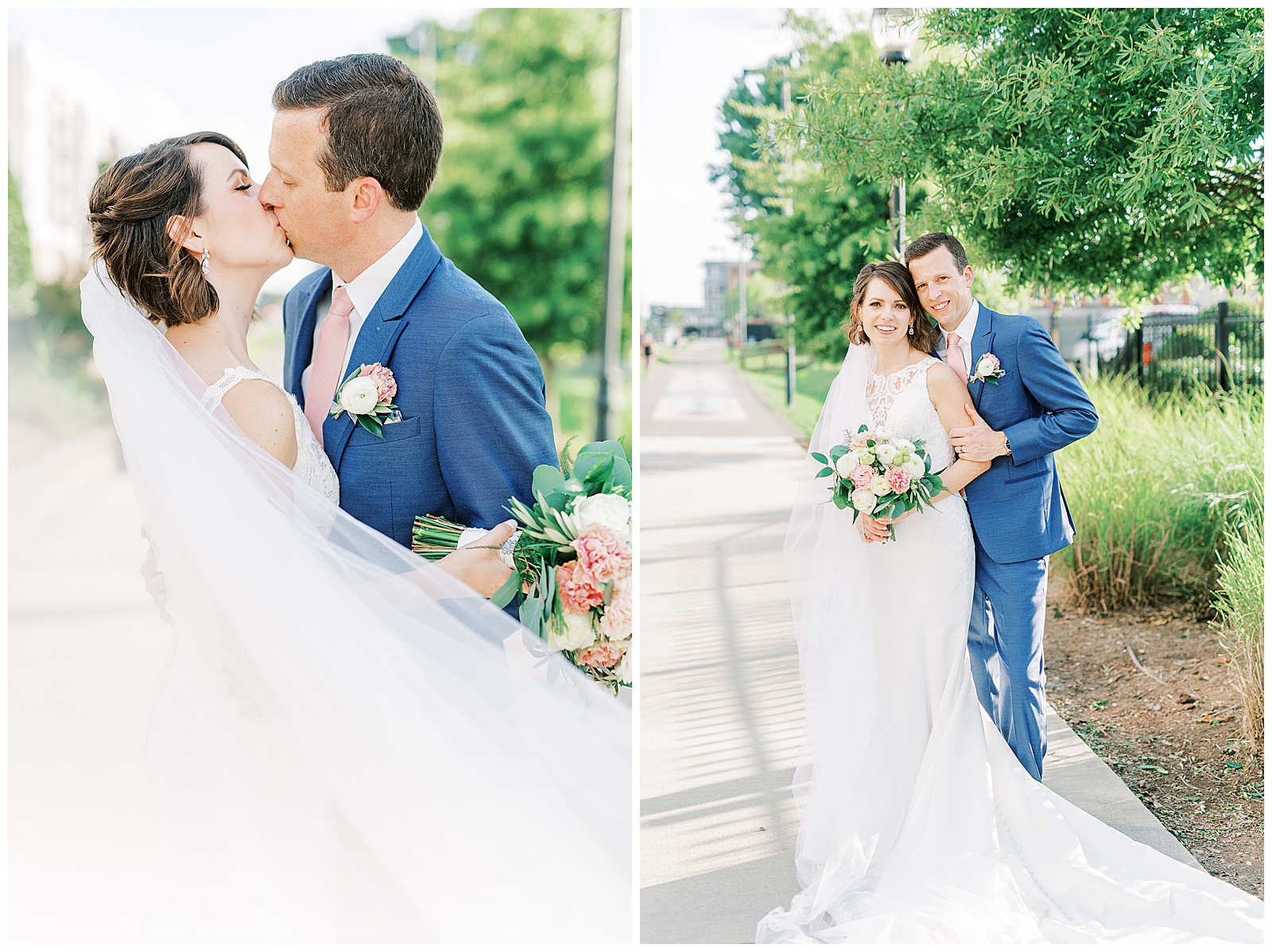 gorgeous veil shots from outdoor summer bride groom portraits on city sidewalk of short brown haired bride in lace dress with long train and navy blue suited groom