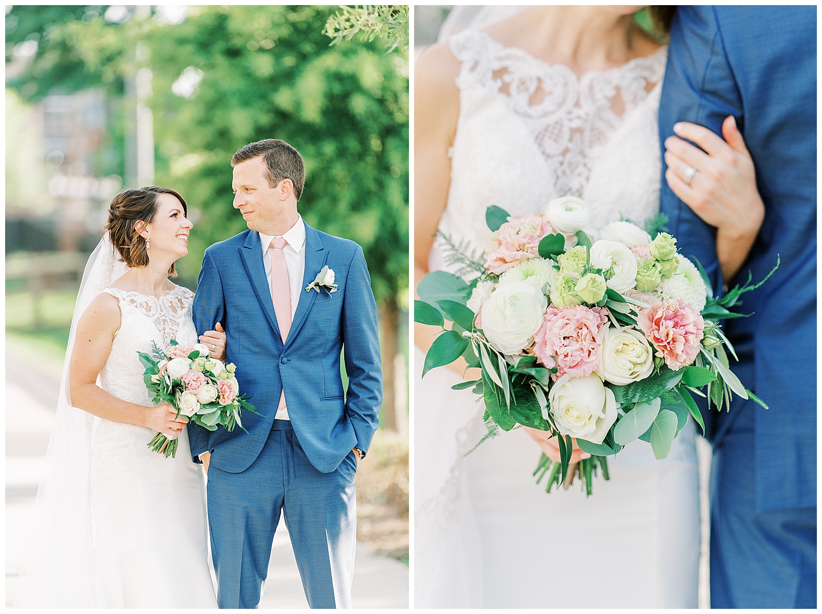 outdoor summer bride groom portraits on city sidewalk of short brown haired bride in lace dress with long train and navy blue suited groom