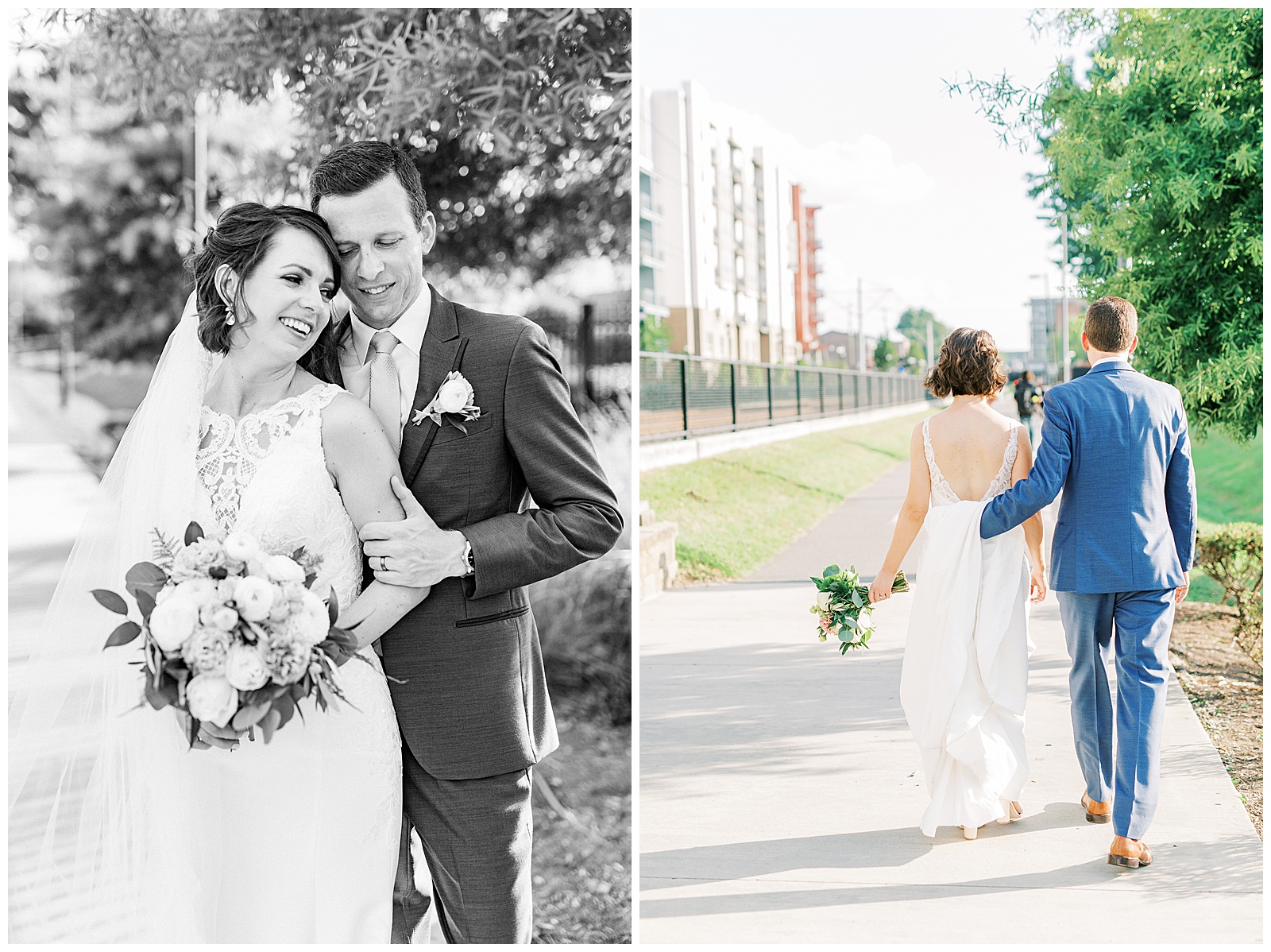 gorgeous veil shots from outdoor summer bride groom portraits on city sidewalk of short brown haired bride in lace dress with long train and navy blue suited groom