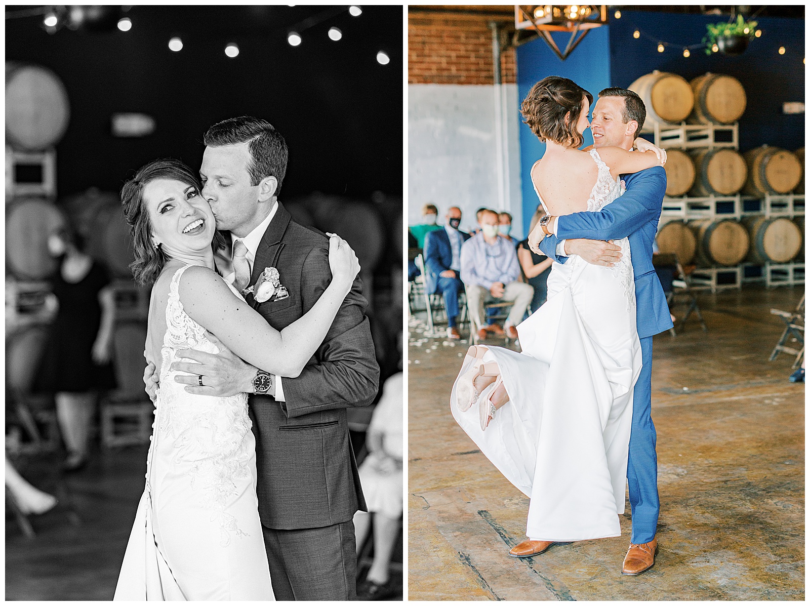 bride and groom first dance in stunning modern catering space with fairy lights