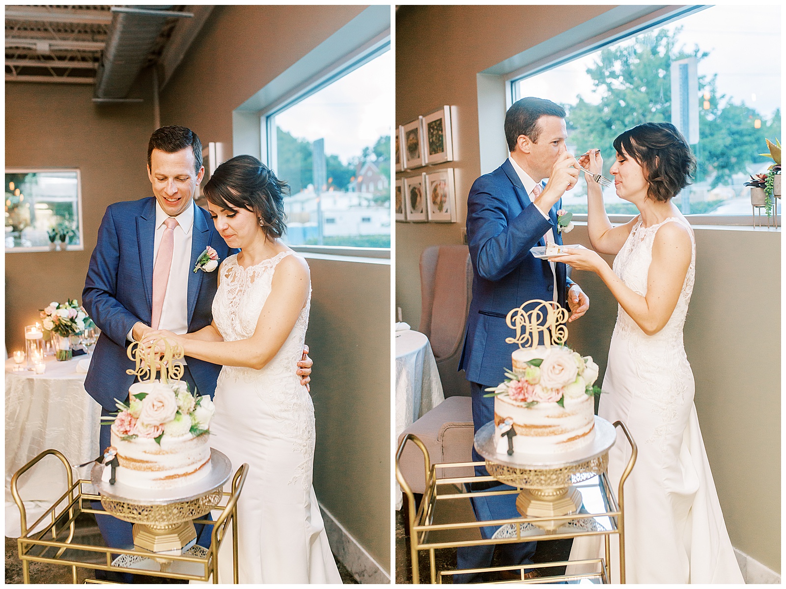 bride and groom eat cake in stunning modern catering space with fairy lights