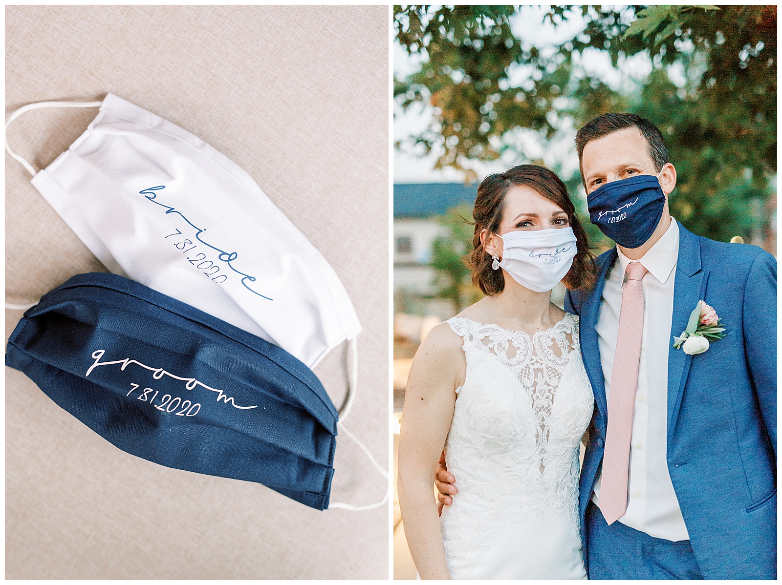 coronavirus pandemic wedding bride and groom masks navy blue and white for outdoor summer wedding