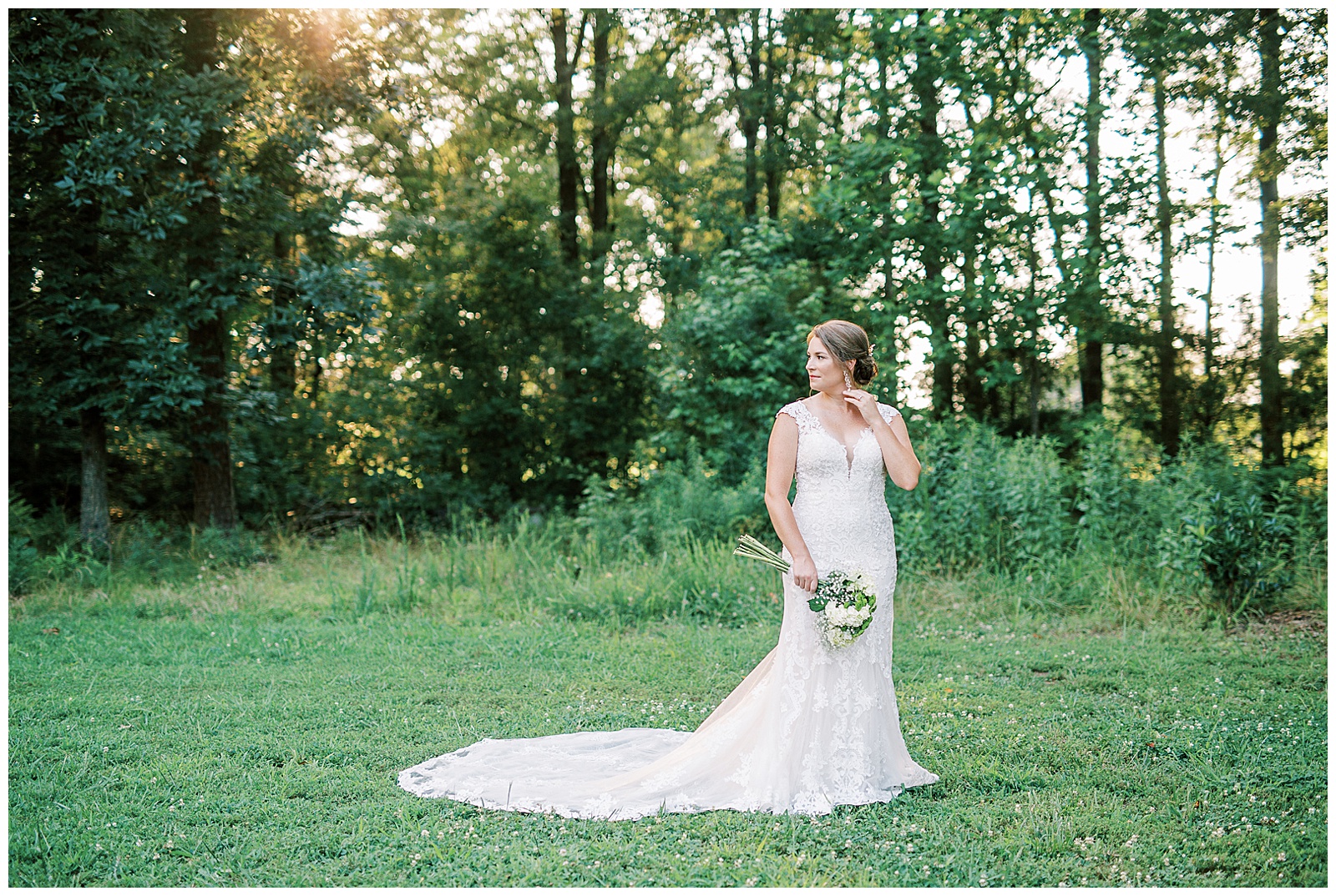 Bridal Portraits of Lace Wedding Dress at sunset in wood and fields