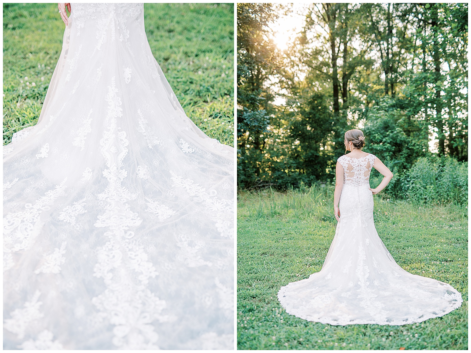 train of long lace wedding dress from sunset bridal portraits in woods and field