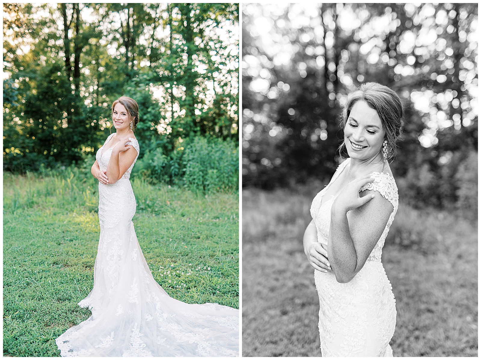 train of long lace wedding dress from sunset bridal portraits in woods and field