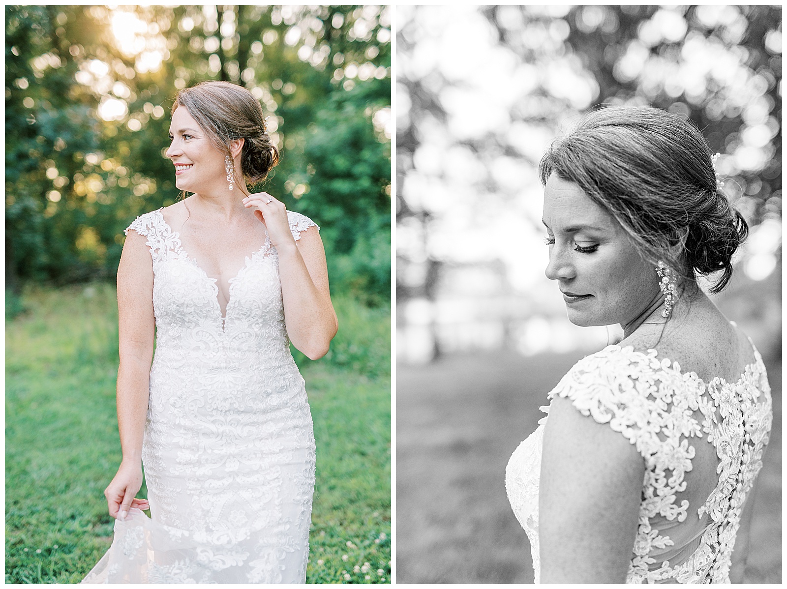 lace wedding dress from sunset bridal portraits in woods and field