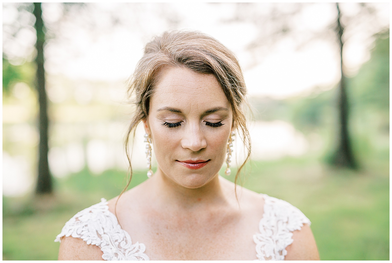 updo hair and makeup detail from sunset bridal portraits in woods and field