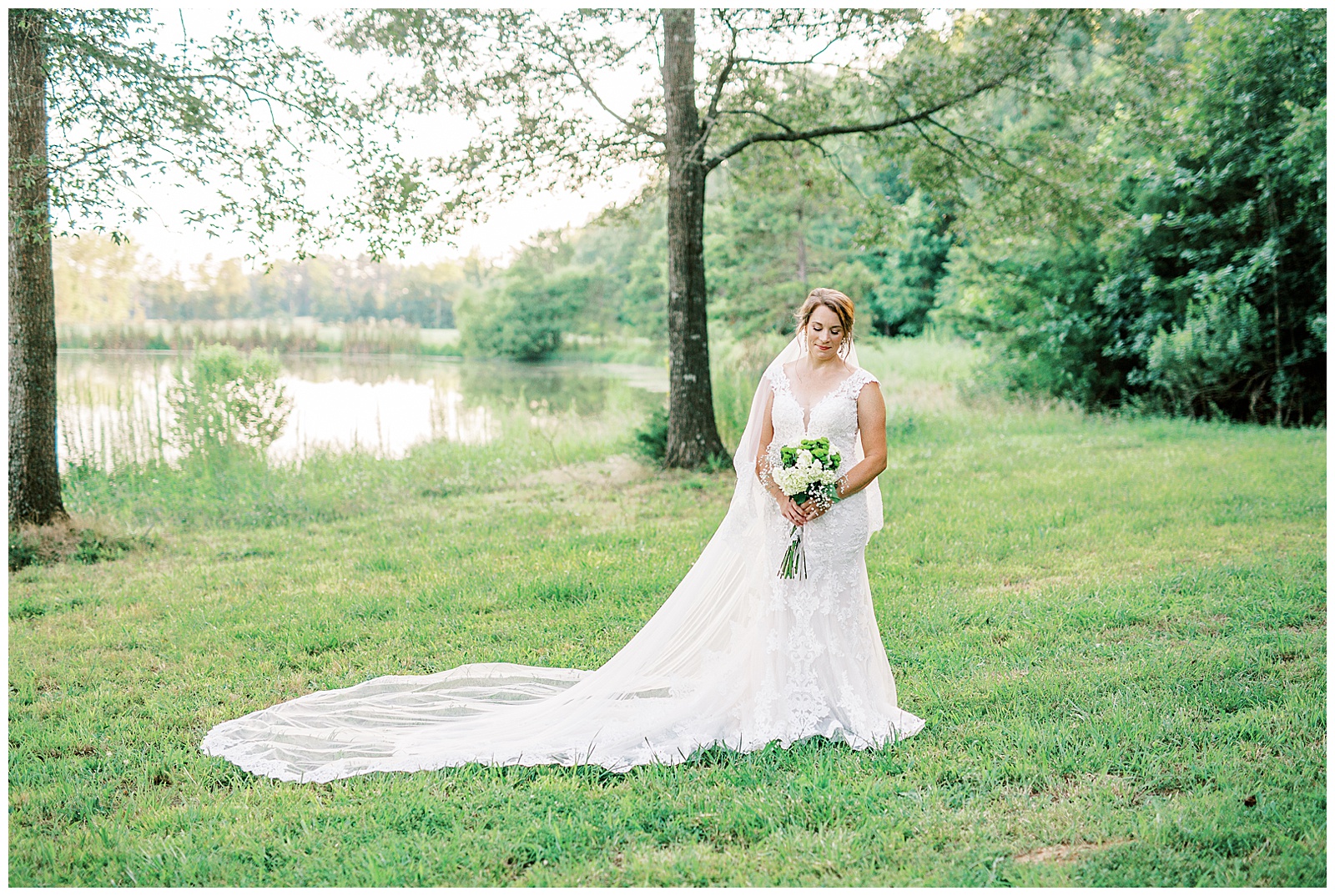 cathedral length veil from amazon and lace wedding dress from sunset bridal portraits in woods and field