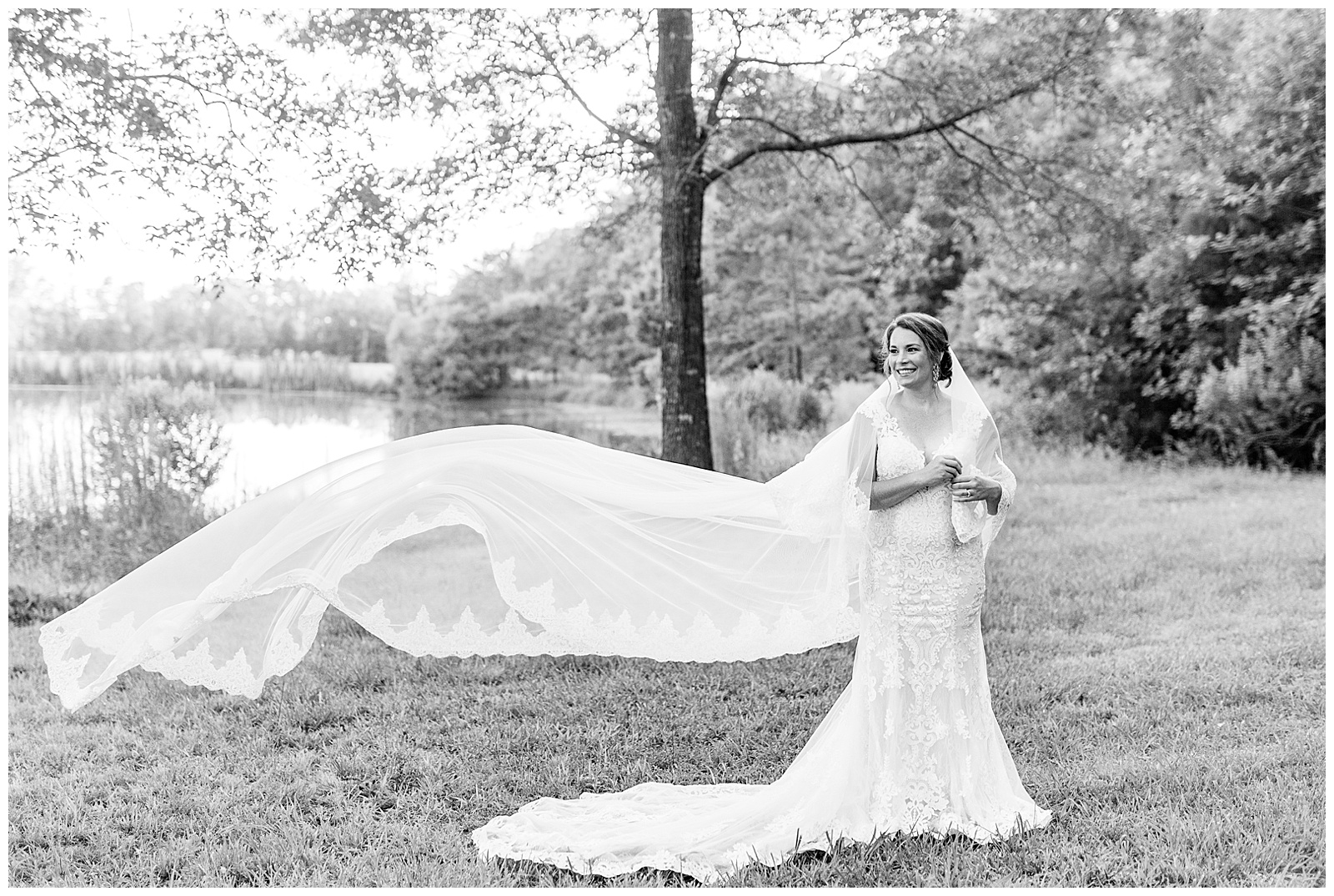 cathedral length veil from amazon and lace wedding dress from sunset bridal portraits in woods and field