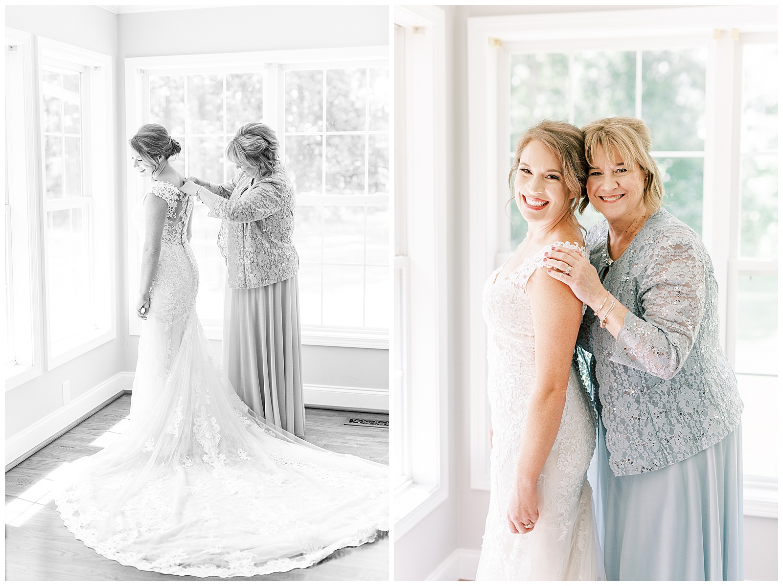 bride getting ready in lace wedding dress with mom