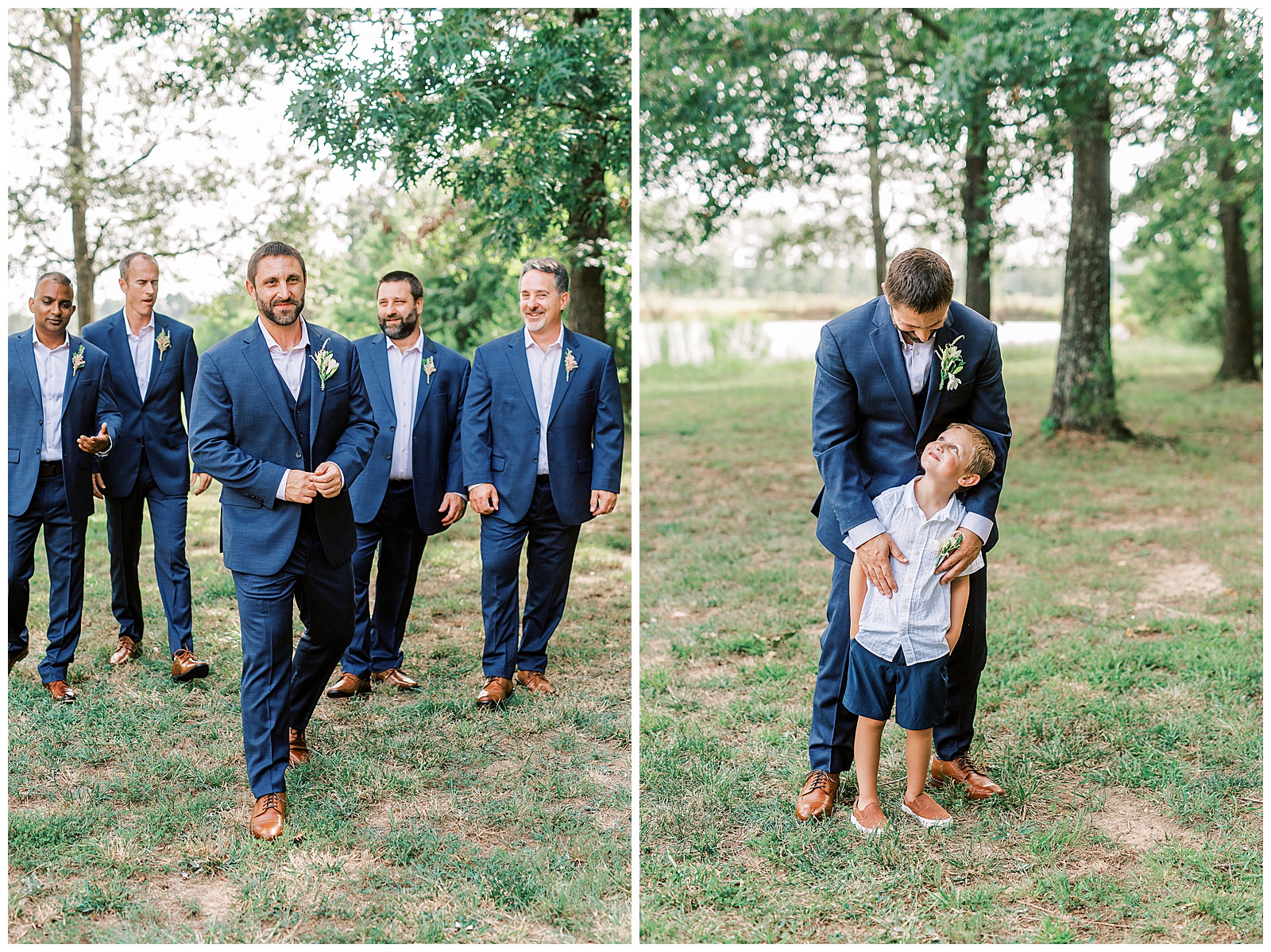 groomsmen group portrait in navy blue suits with silly son of groom