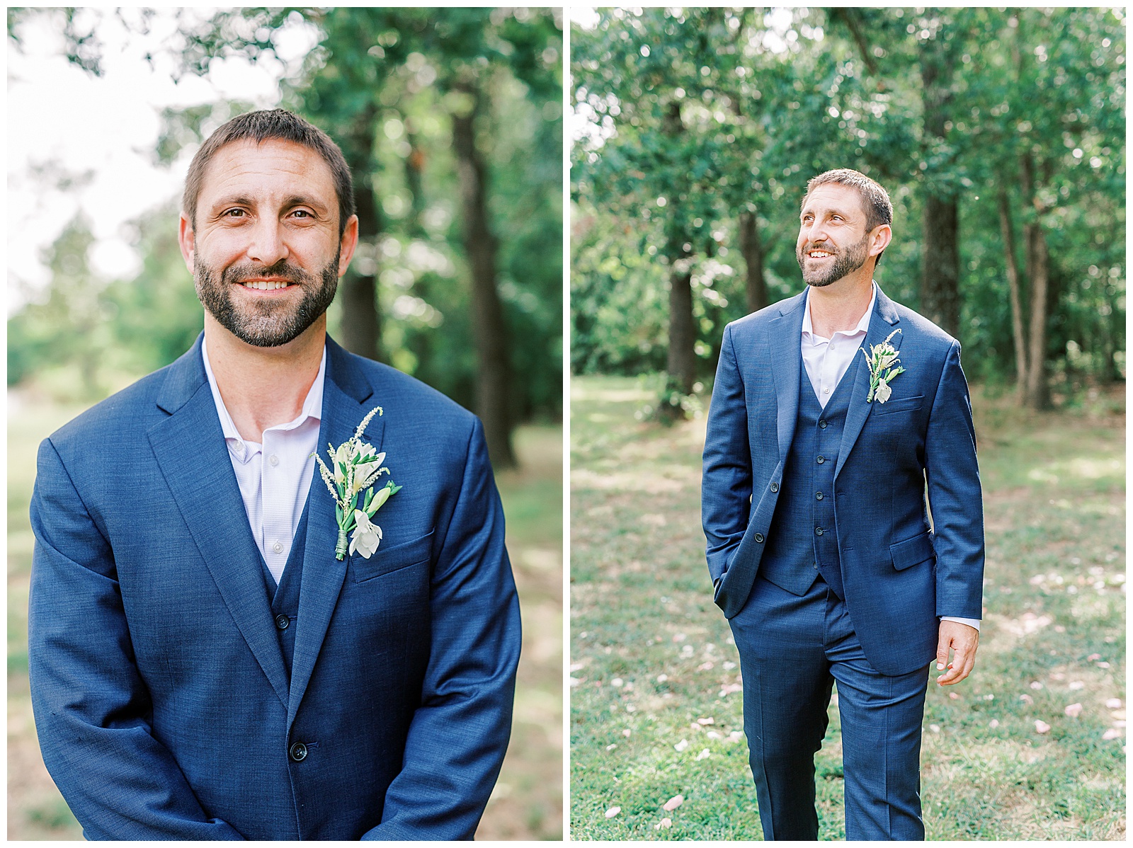 groom portrait outdoor in summer with navy blue suit