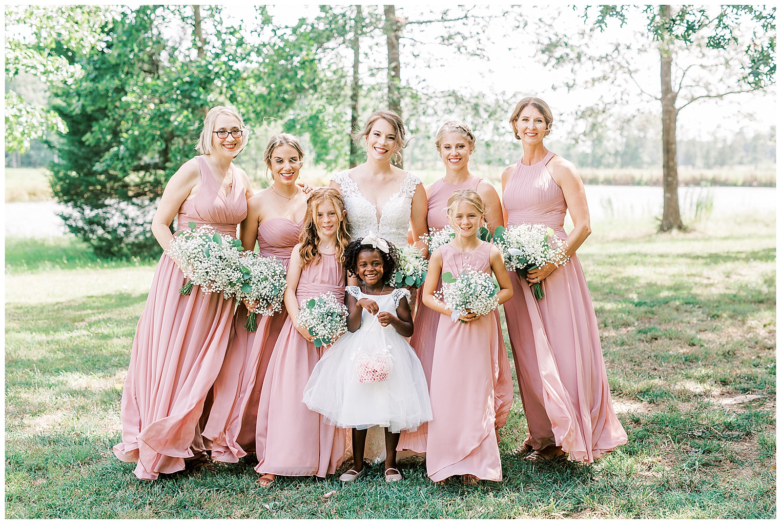 sweet pink bride tribe portraits for outdoor summer wedding