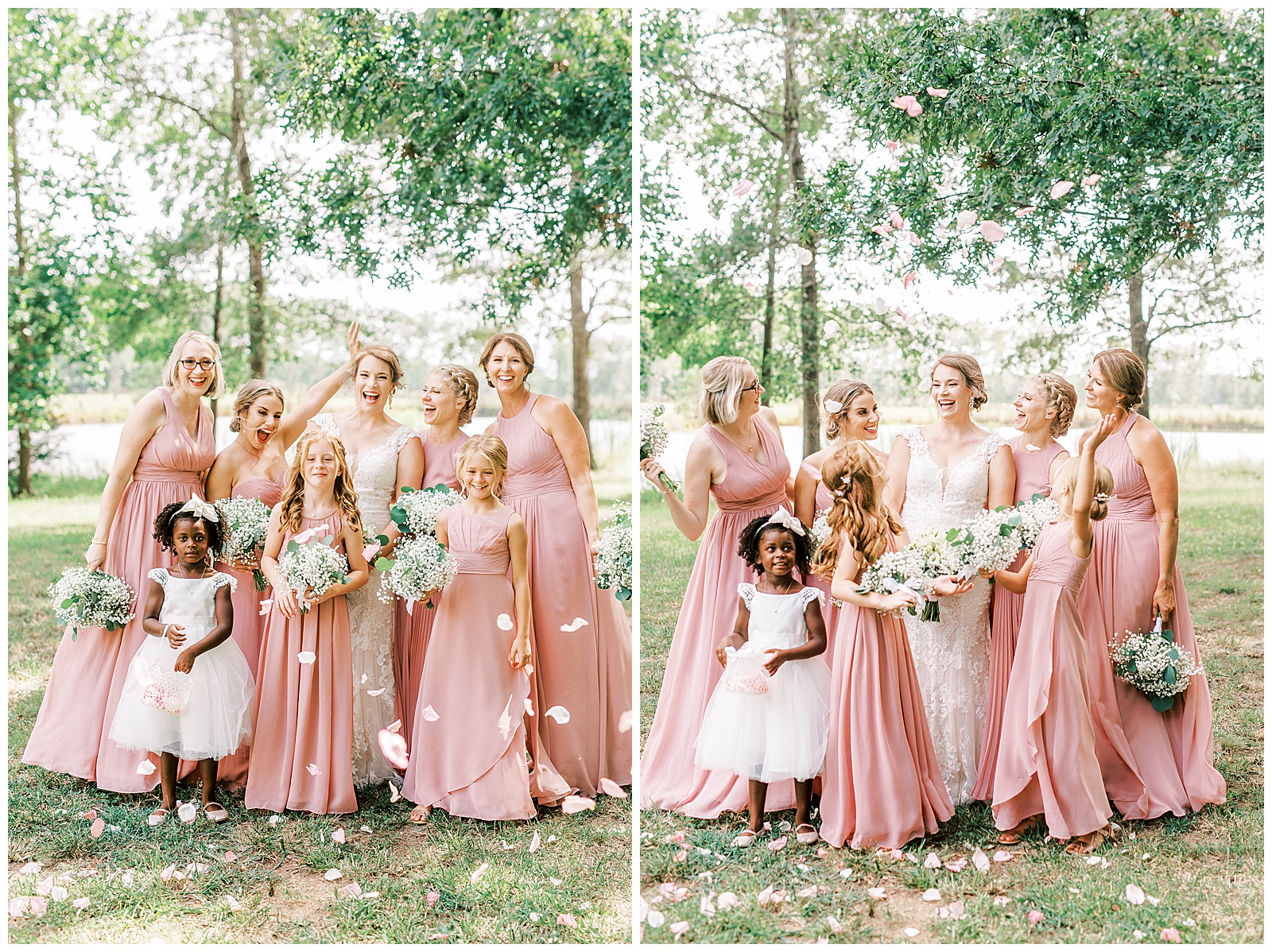 tossing petals in the air for sweet pink bride tribe portraits for outdoor summer wedding