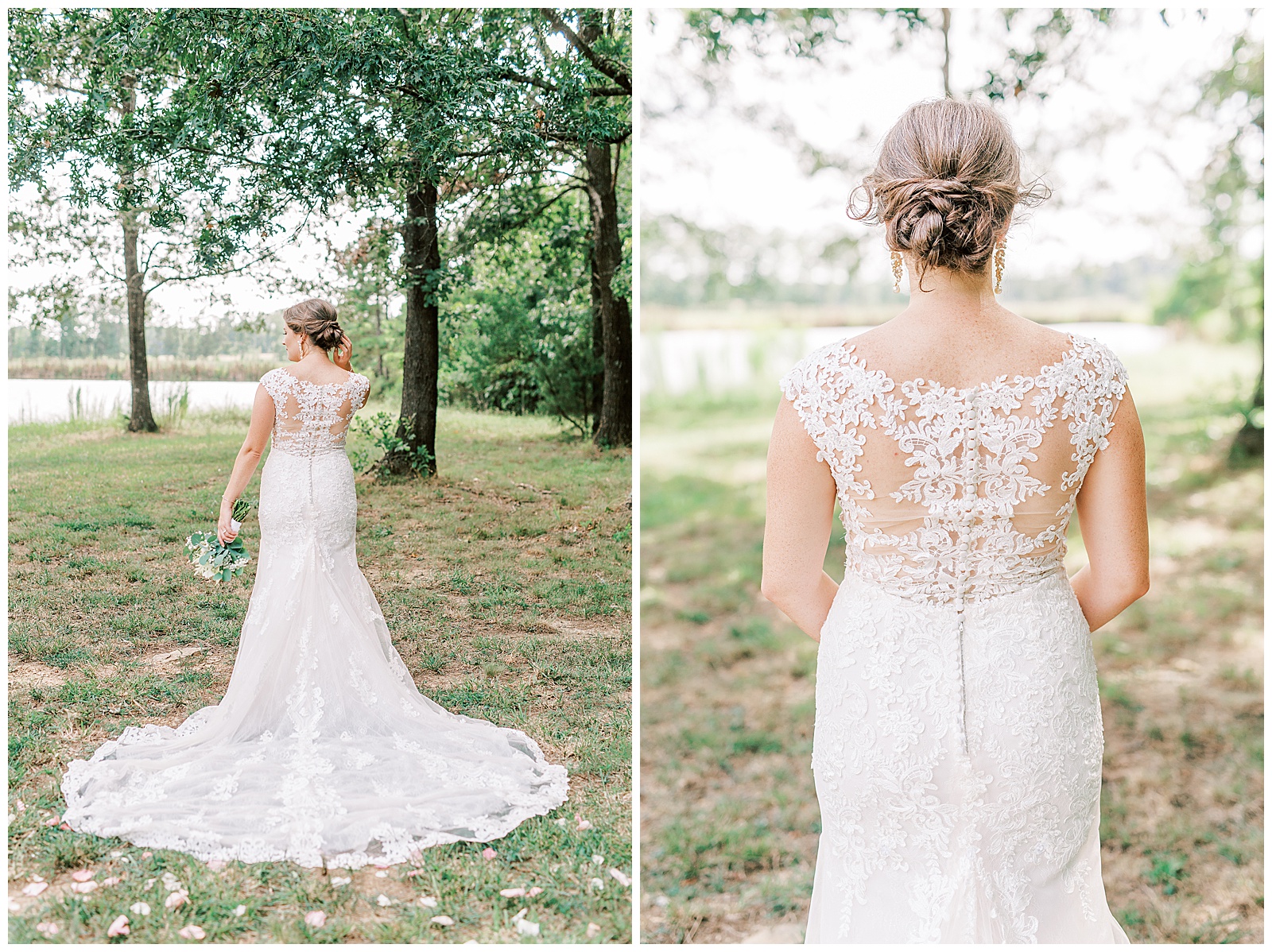 updo detail shots of gorgeous blonde haired bridal portraits in long train lace dress for outdoor summer wedding