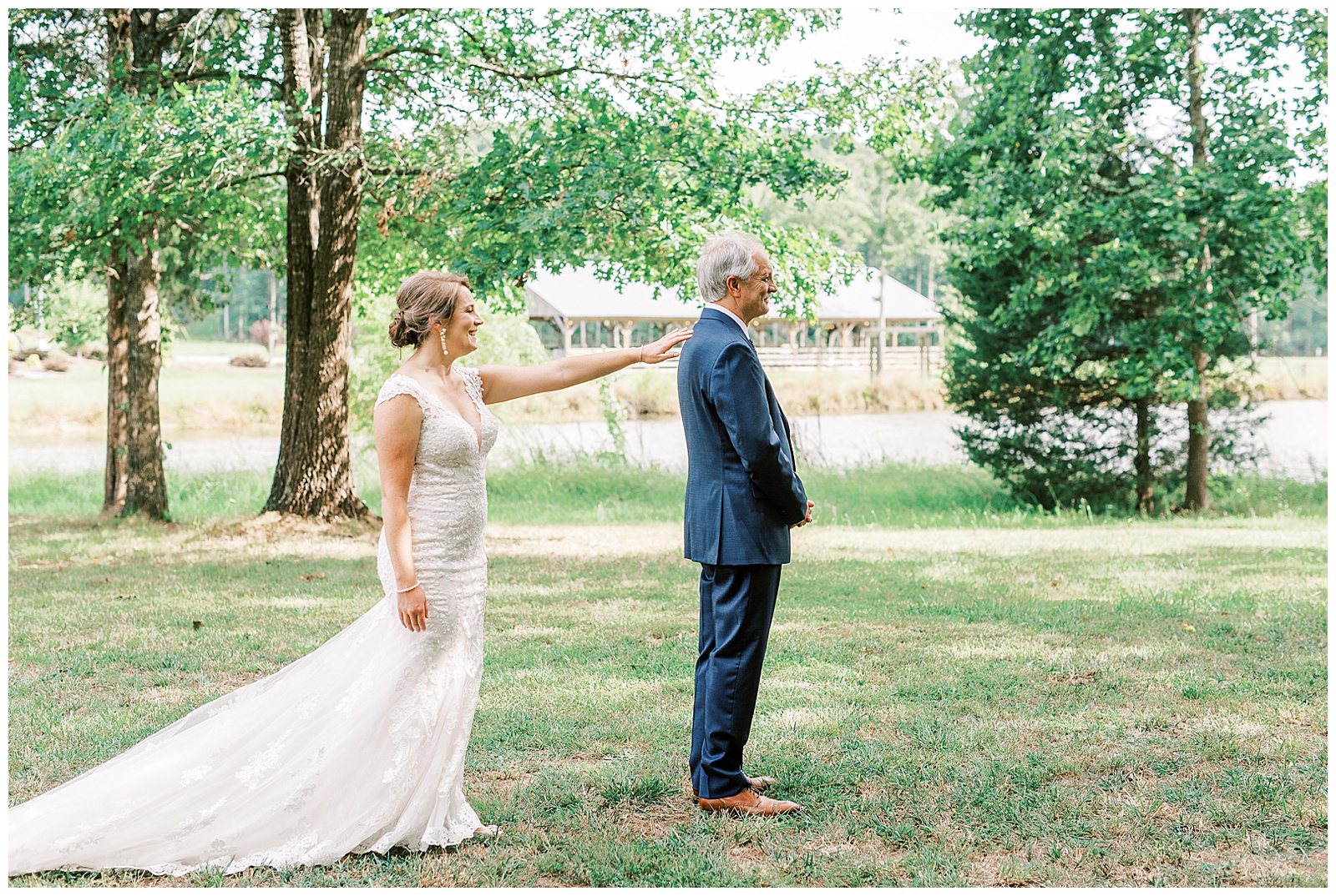 father of bride first look for outdoor summer wedding