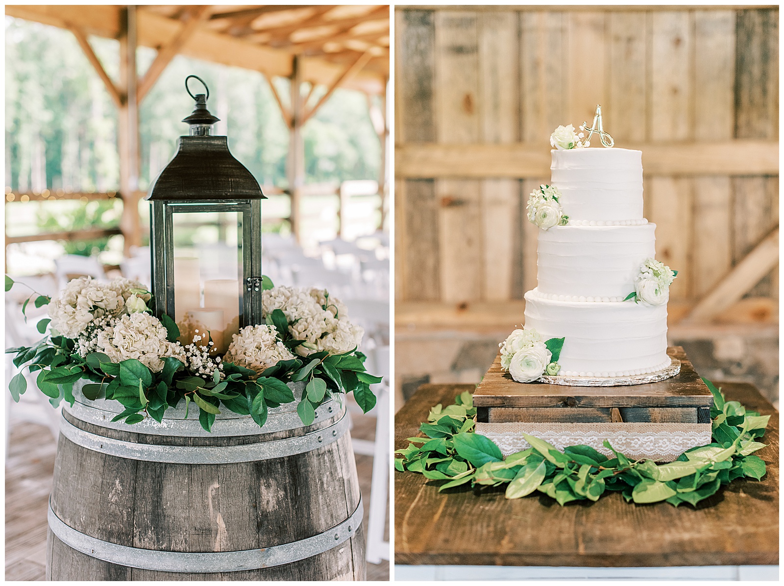three tiered white cake and lantern on barrel reception area detail shots