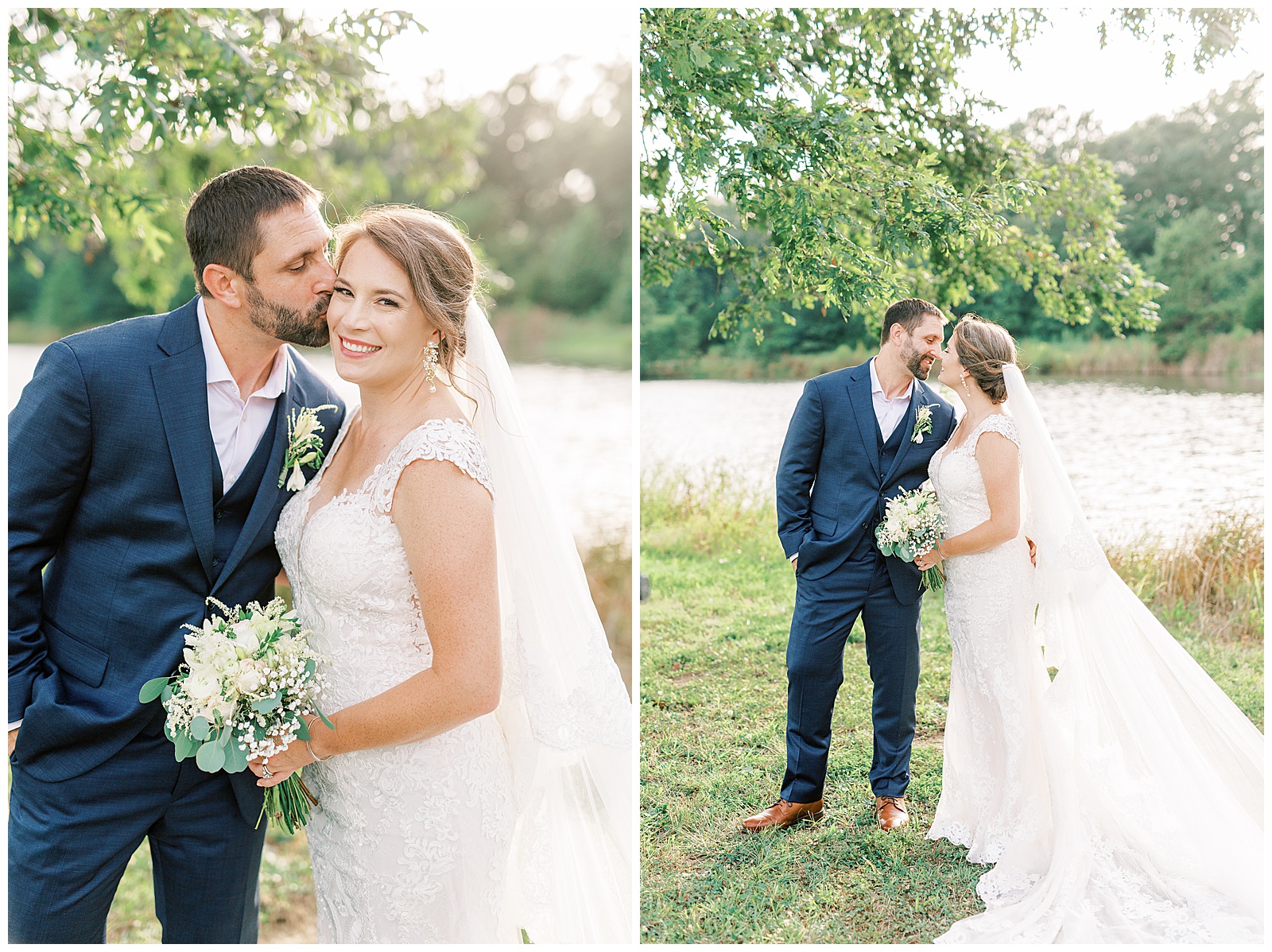 stunning cathedral veil blond haired bride and navy blue suit groom in outdoor summer wedding portraits