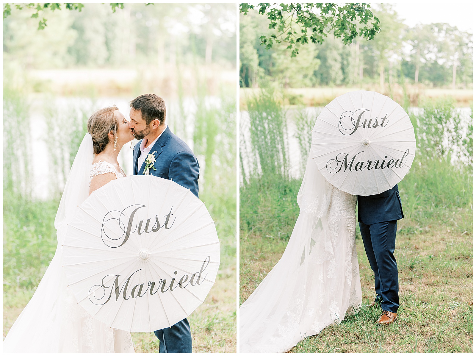 just married parasol shots with blond haired bride and navy blue suit groom in outdoor summer wedding portraits