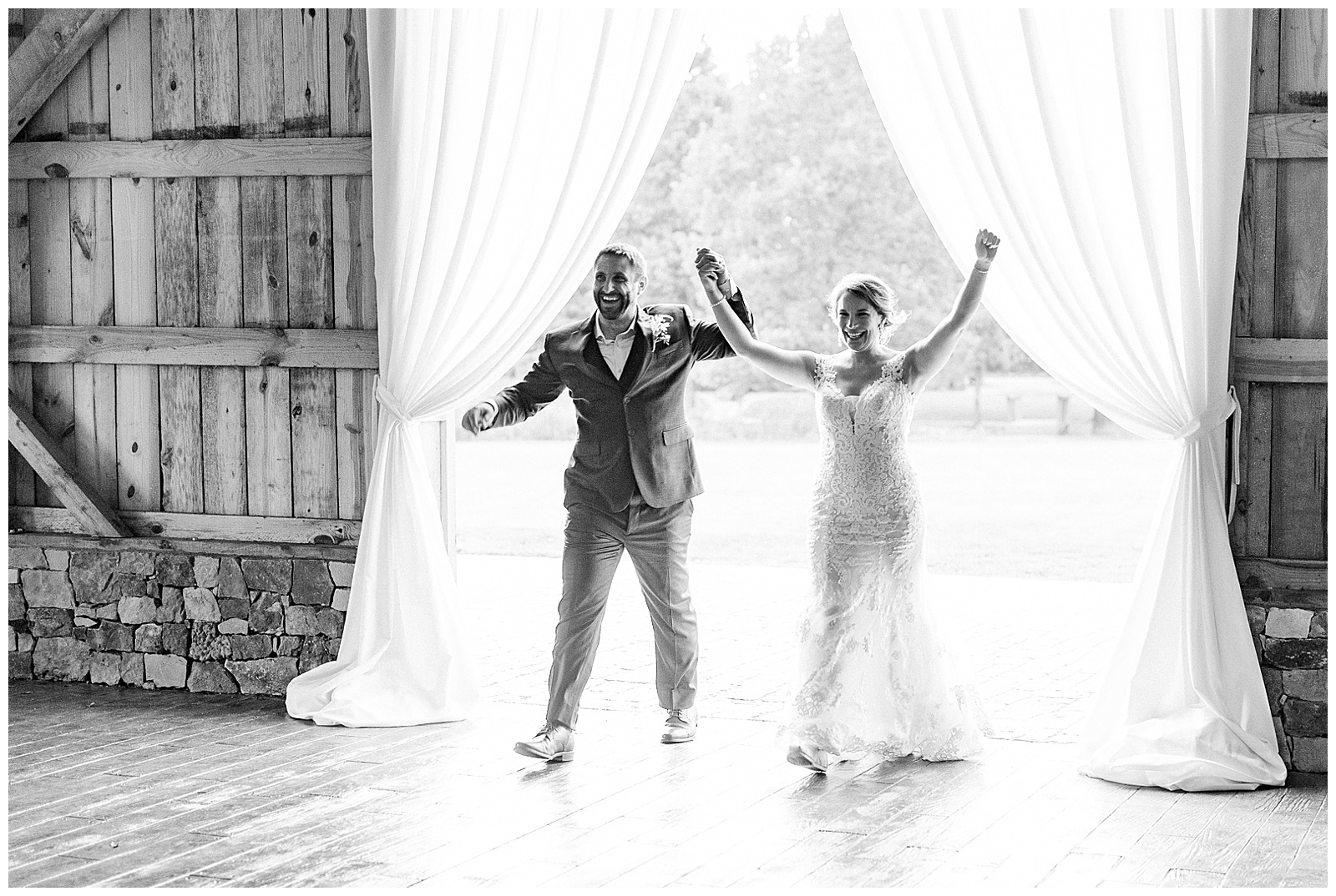 bride and groom enter indoor summer wedding reception
