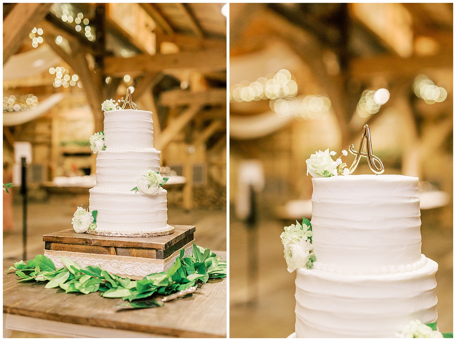 three tiered white cake at indoor summer wedding reception in wooden barn