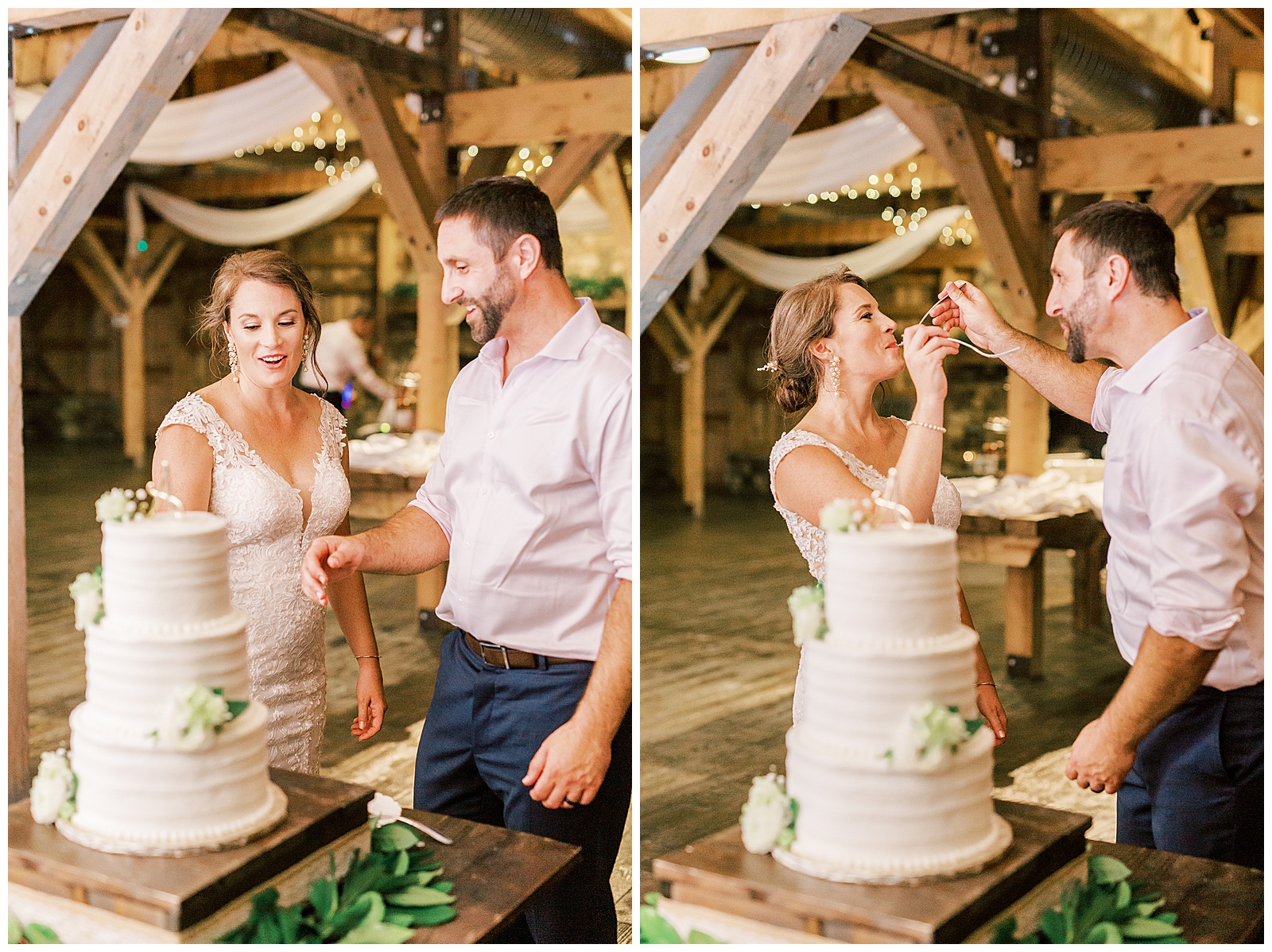 bride and groom eat three tiered white cake at indoor summer wedding reception in wooden barn
