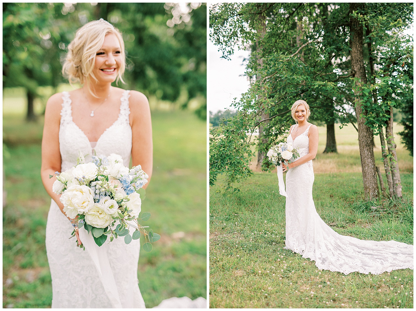 white lace dress blonde haired updo bride poses in Summer Forest Outdoor Bridal Session