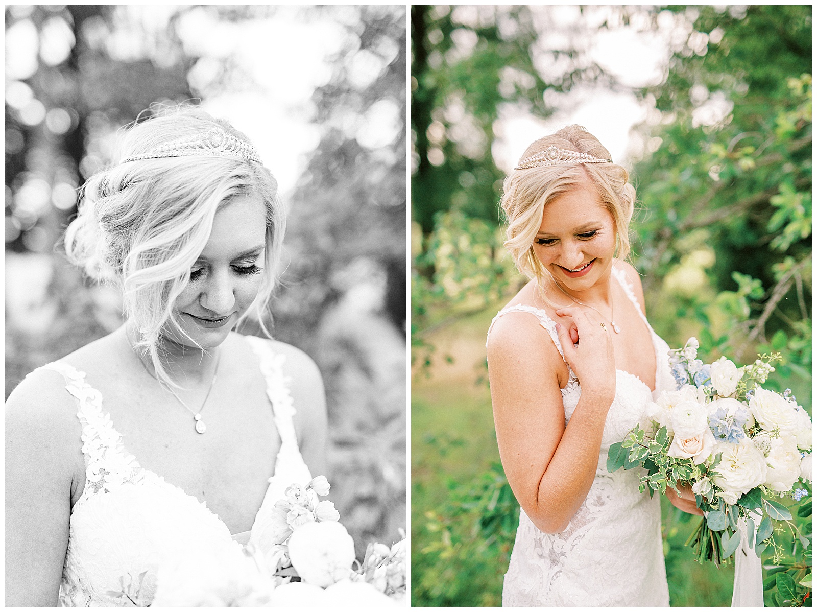 white lace dress blonde haired updo bride poses in Summer Forest Outdoor Bridal Session