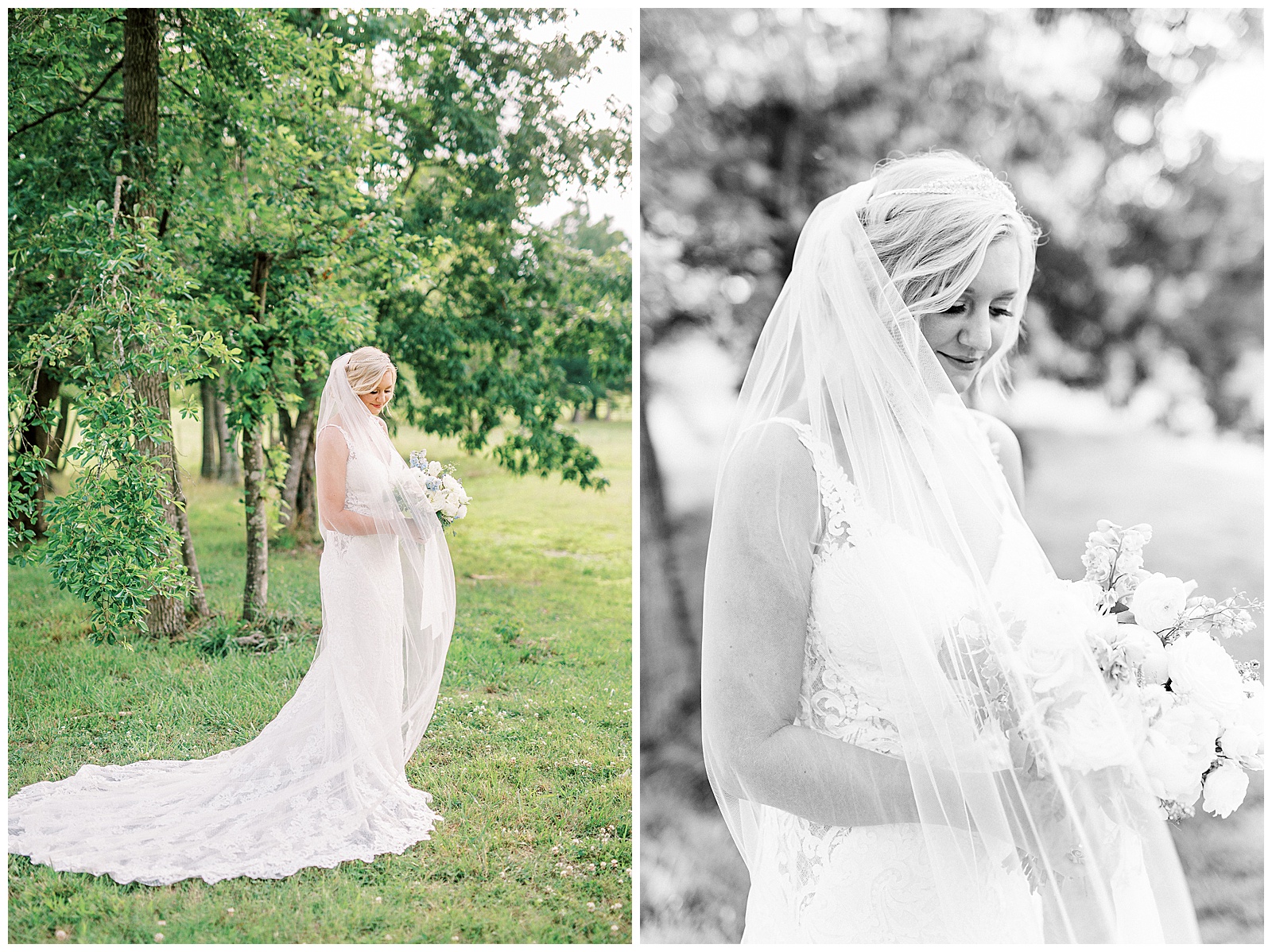 long veil white lace dress blonde haired updo bride poses in Summer Forest Outdoor Bridal Session