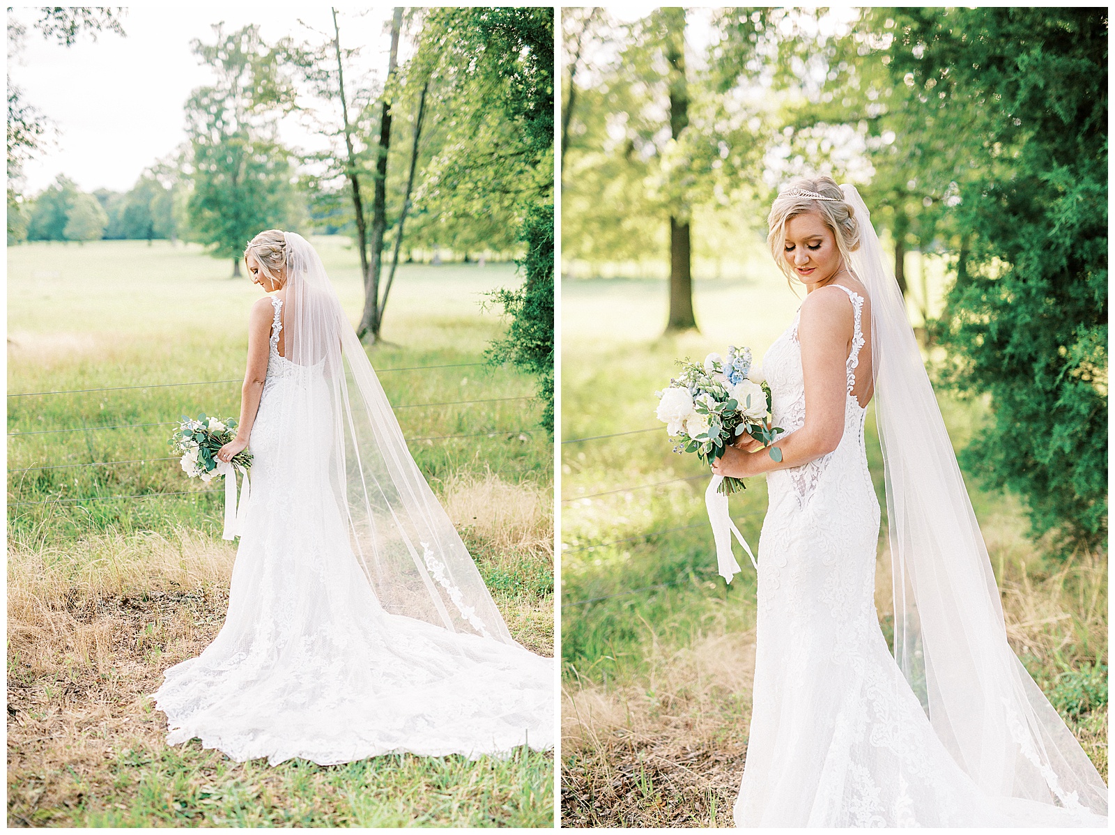 long veil white lace dress blonde haired updo bride poses in Summer Forest Outdoor Bridal Session