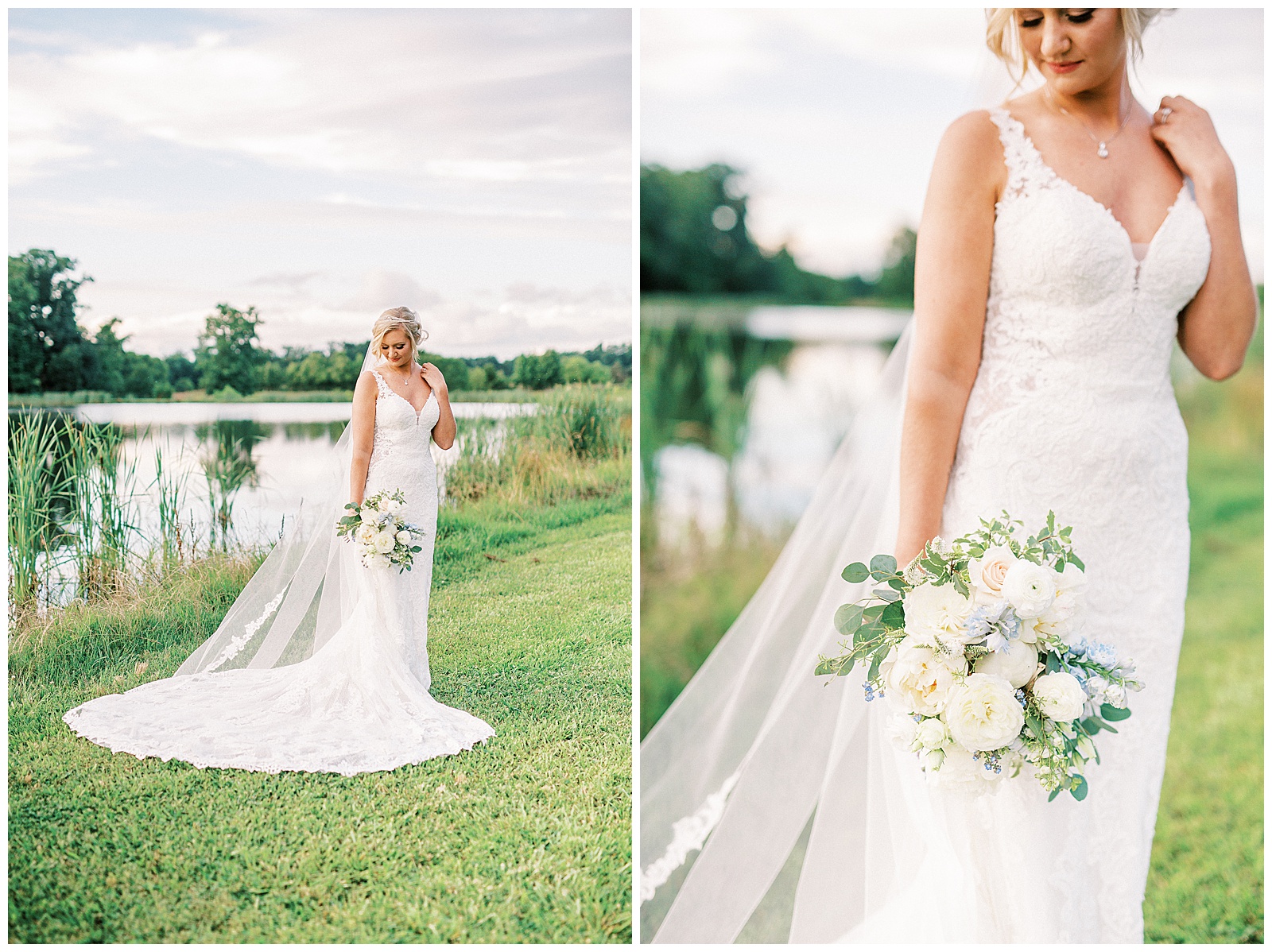 white lace dress blonde haired updo bride poses in front of summer lake Outdoor Bridal Session