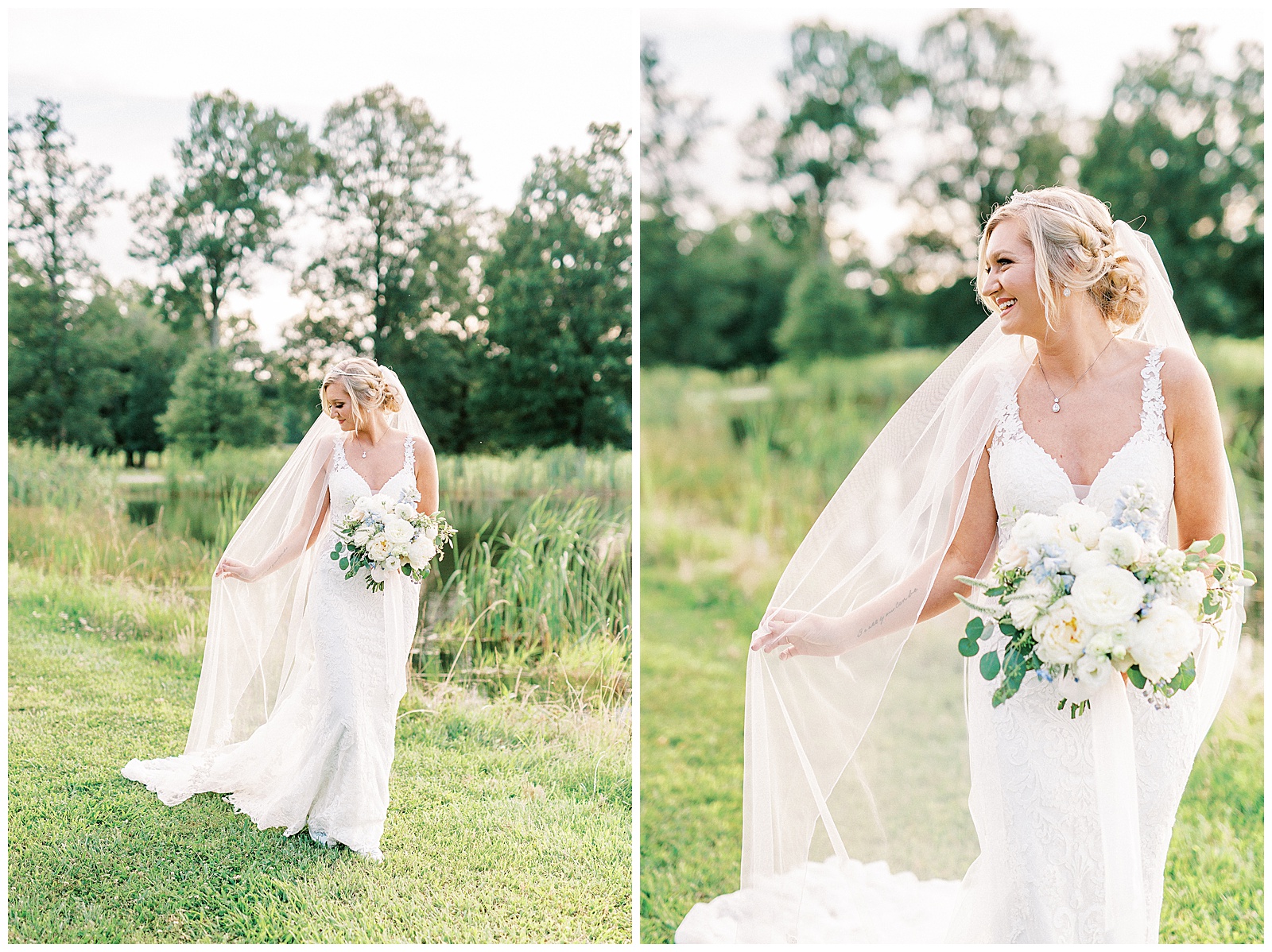 white lace dress blonde haired updo bride poses in front of summer lake Outdoor Bridal Session