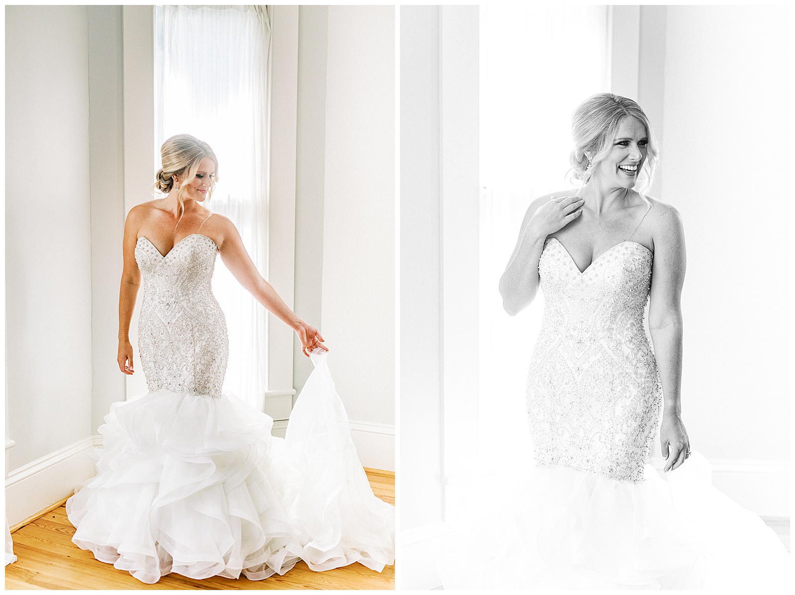 gorgeous light and airy indoor bridal portraits of mermaid dress with loads of tulle next to floor length window