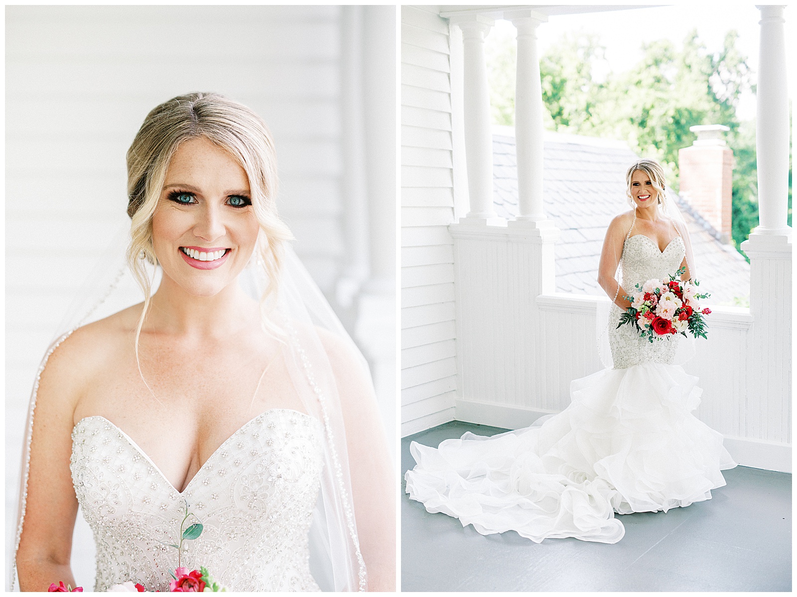 gorgeous light and airy outdoor bridal portraits of blonde haired bride in mermaid dress with loads of tulle on southern porch with red and white bouquet