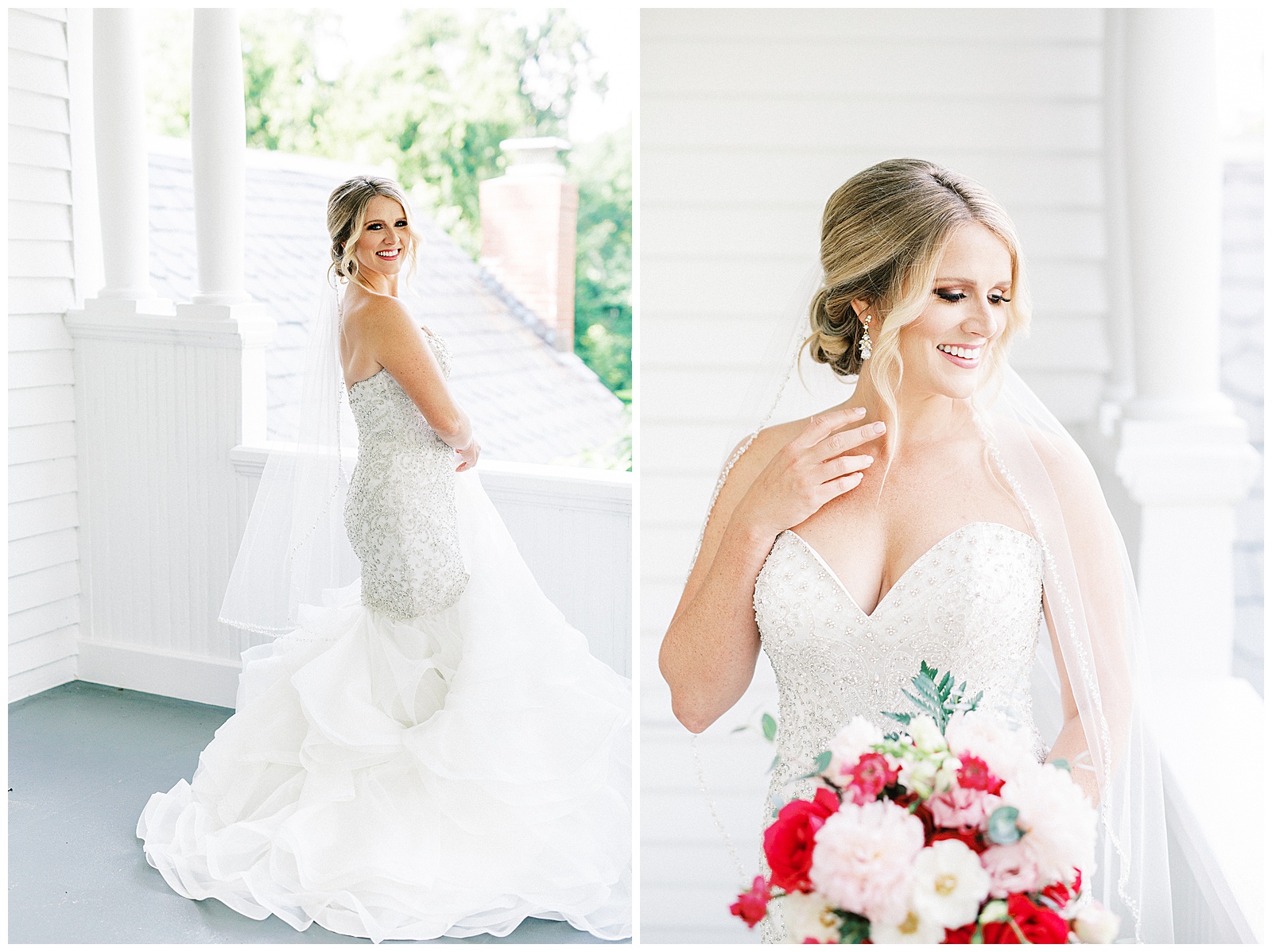 gorgeous light and airy outdoor bridal portraits of blonde haired bride in mermaid dress with loads of tulle on southern porch with red and white bouquet