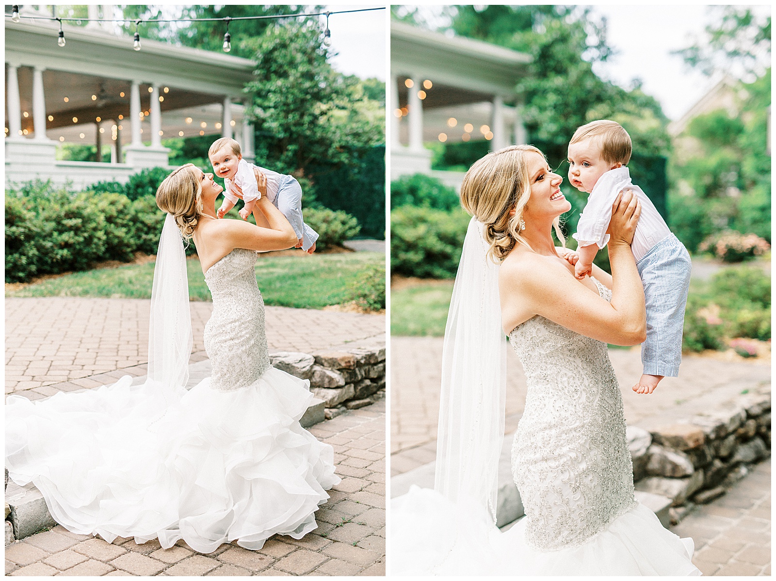 blonde haired bride holds sweet baby son in gorgeous light and airy outdoor bridal portraits